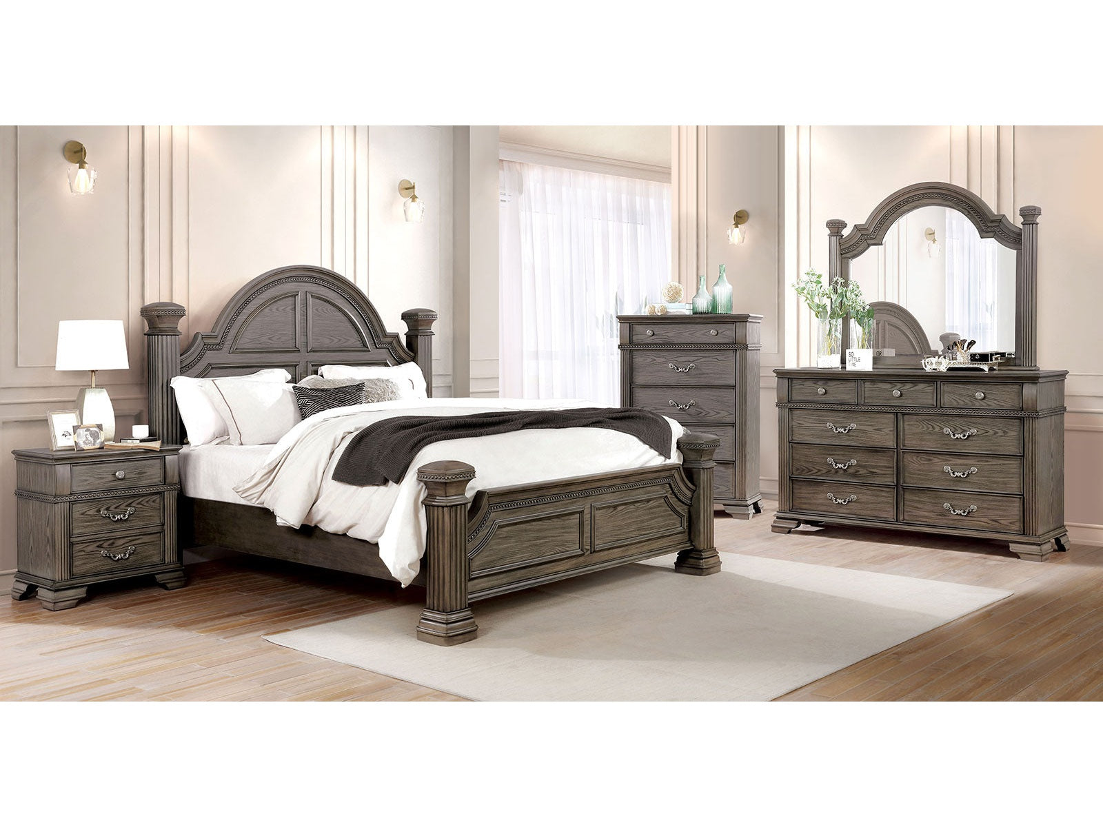 Pamphilos Gray Queen Bed & 2 Nightstand & Dresser & Mirror
