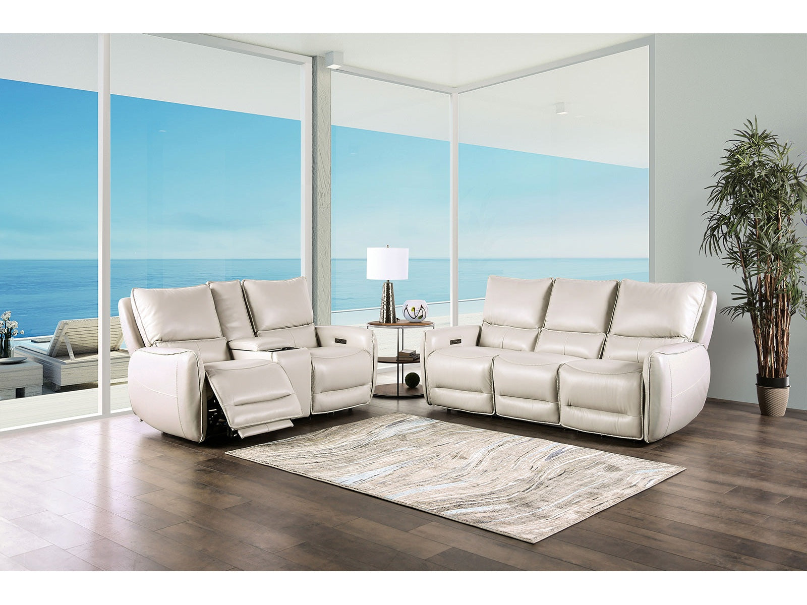 Phineas Beige Power Top Grain Leather Match Reclining Sofa & Loveseat