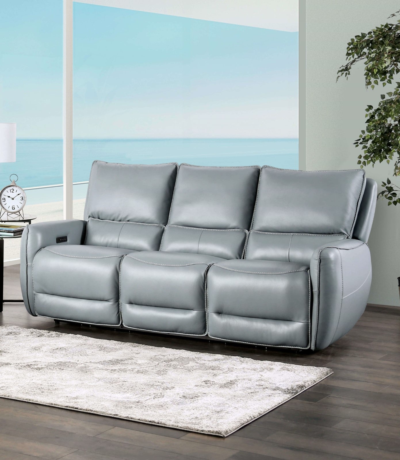 Phineas Pale Blue Top Grain Leather Match Power Reclining Sofa & Loveseat