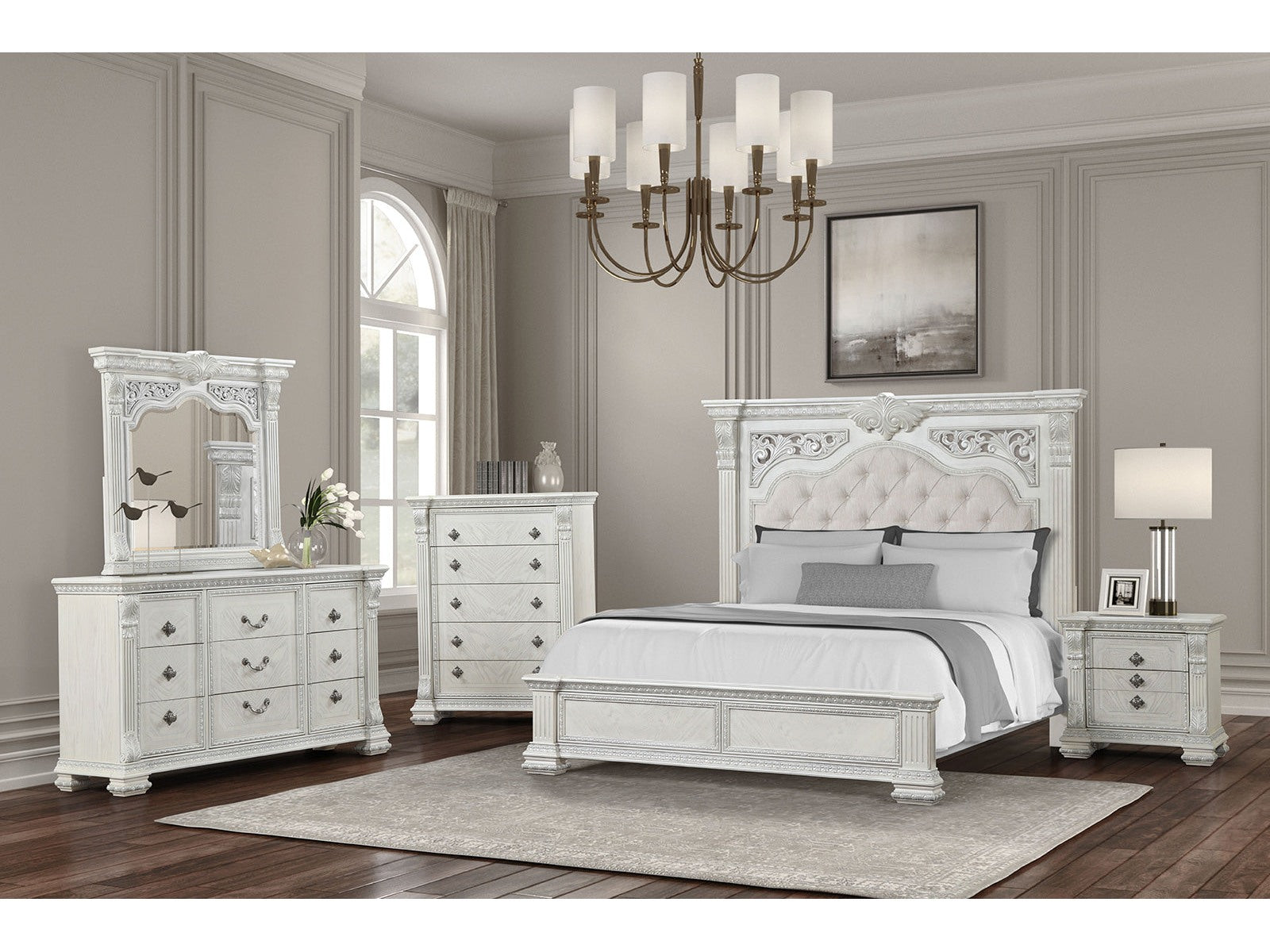 Promenade Wire Brushed White Queen 5 Piece Bedroom Set w/2 Nightstands