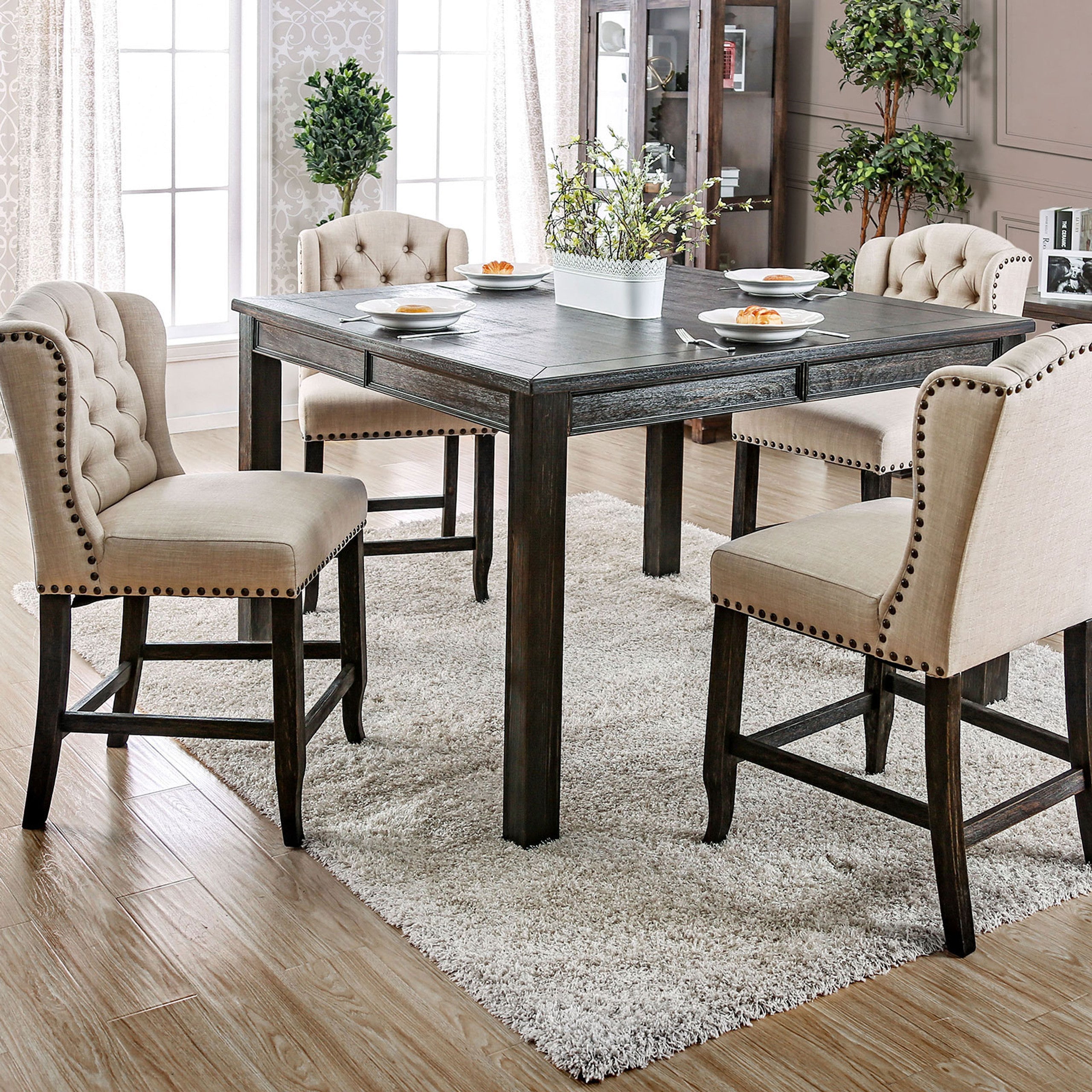 Sania Antique Black/Beige7 Pc. Sq Counter Height Table Set w/ Wingback Chairs