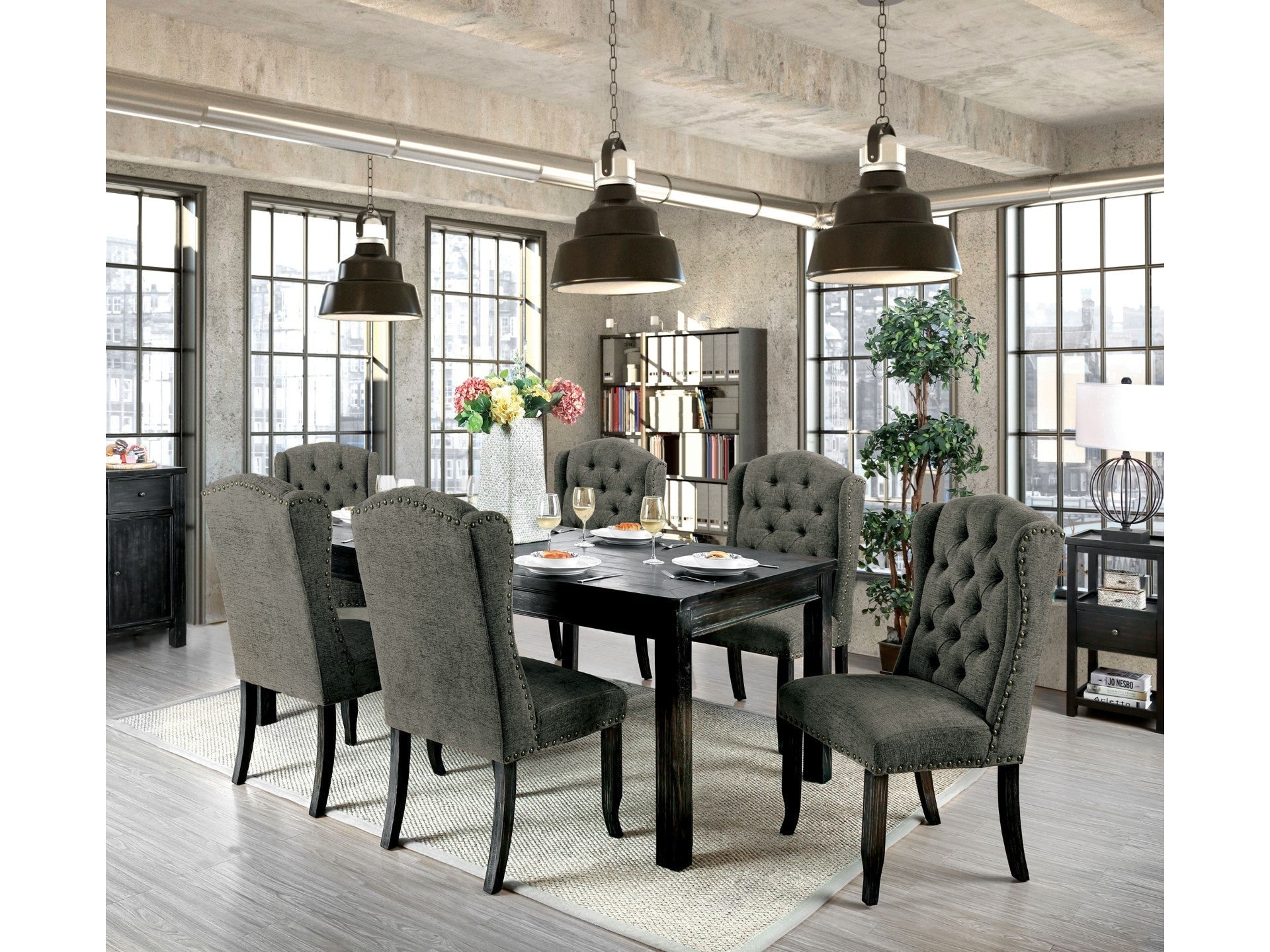 Sania Antique Black, Gray 9 Pc. Dining Room Set