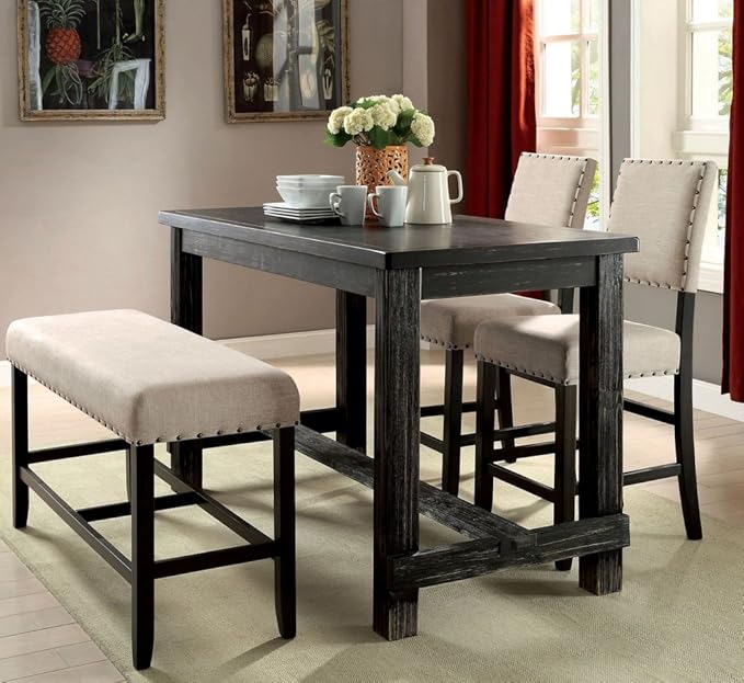 Sania Antique Black/Ivory 4 Pc. Counter Height Table Set w/ Bench