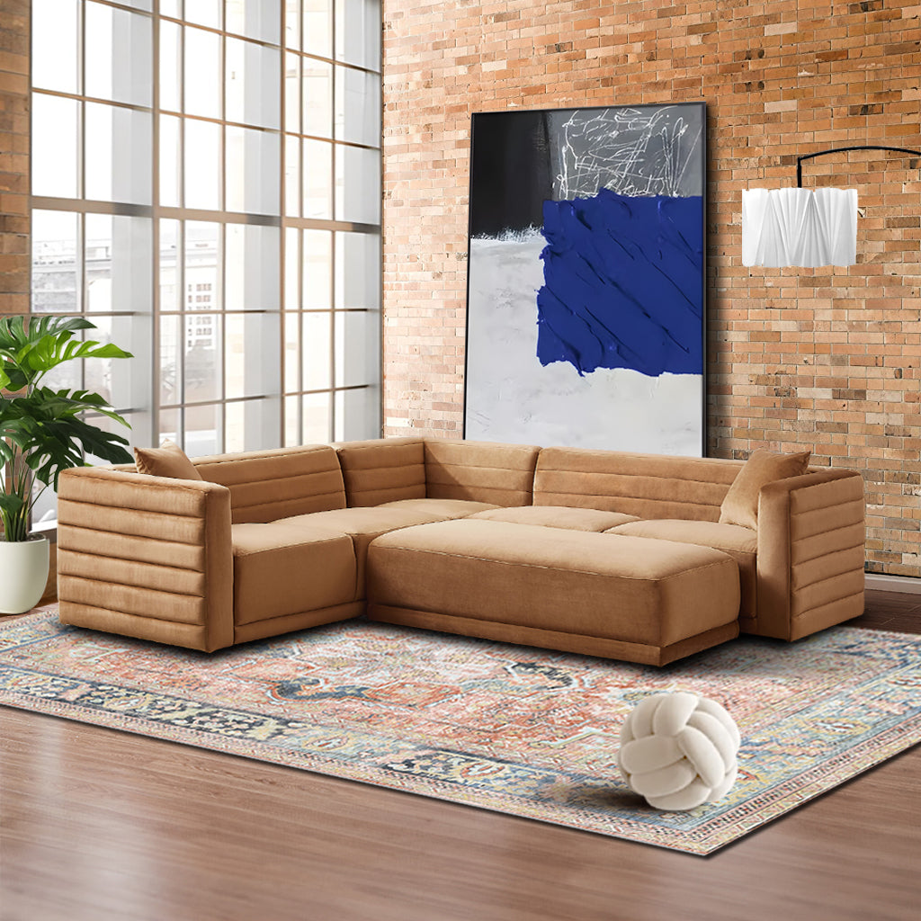 Solo Corner Sectional Sofa With Ottoman - Cognac Velvet