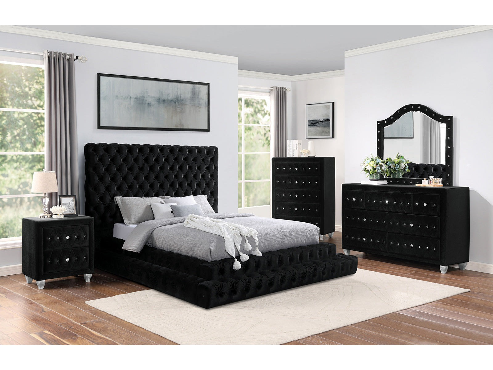 Stefania Black 5 Pc. Queen Bedroom Set w/ 2NS