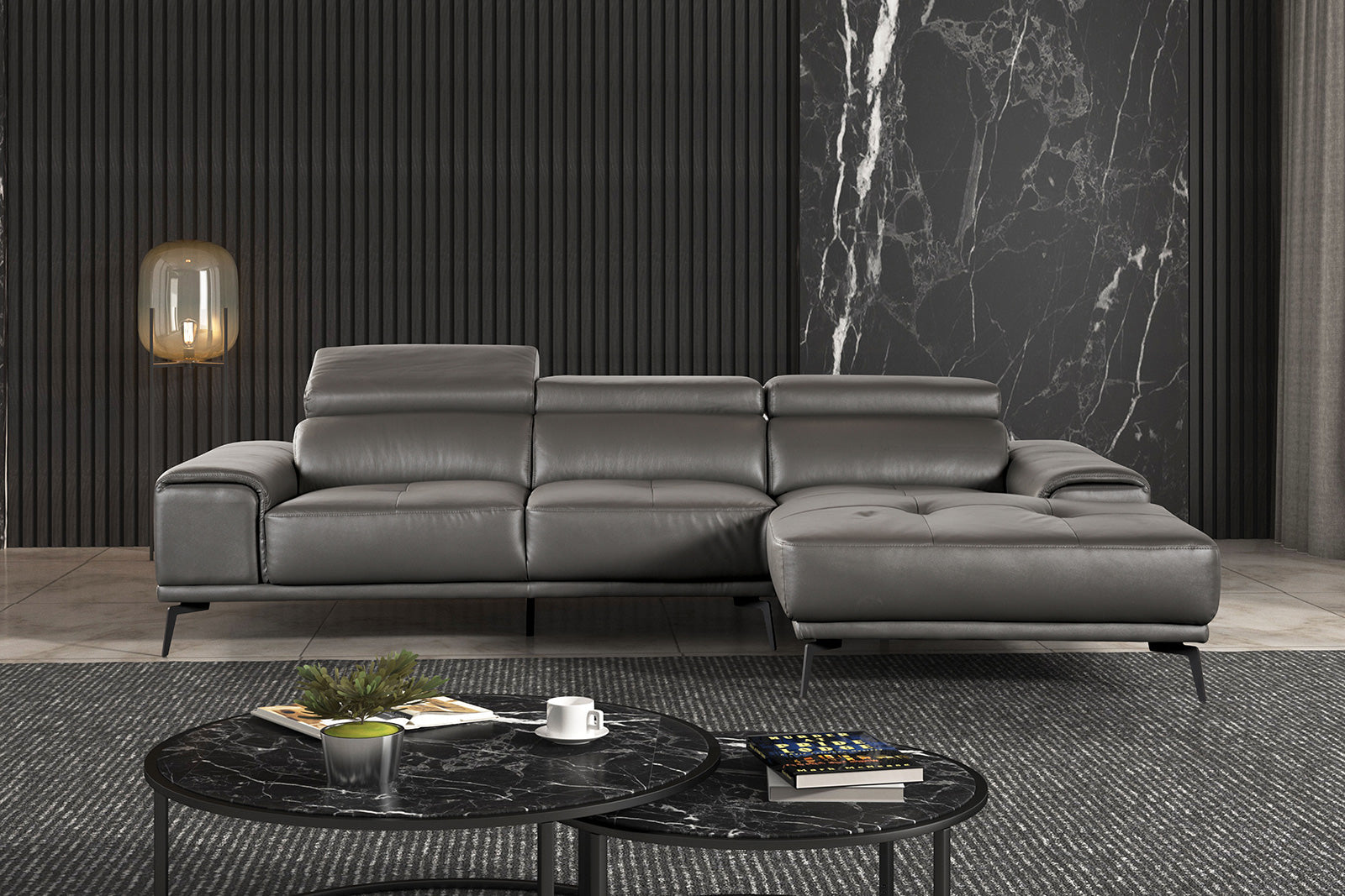 Vadso Dark Gray Leather Match Right Chaise Sectional