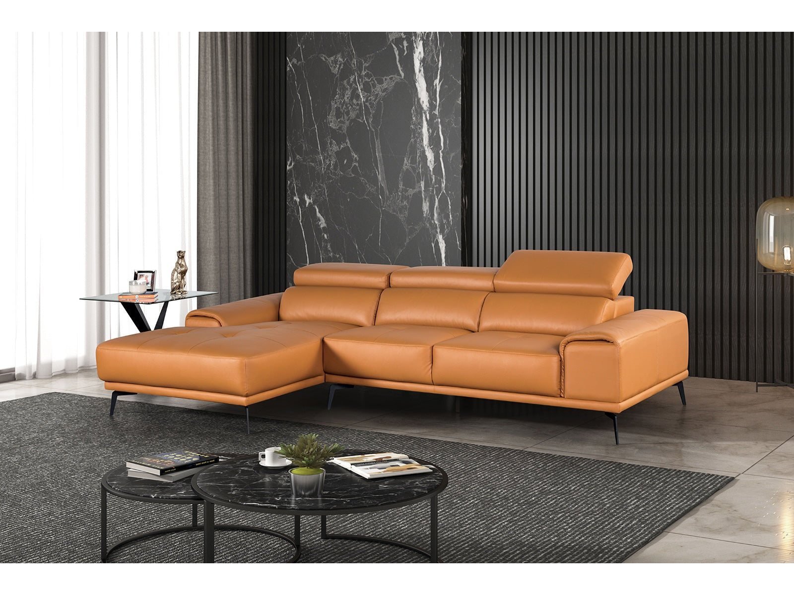 Vadso Tangerine Leather Match Left Chaise Sectional