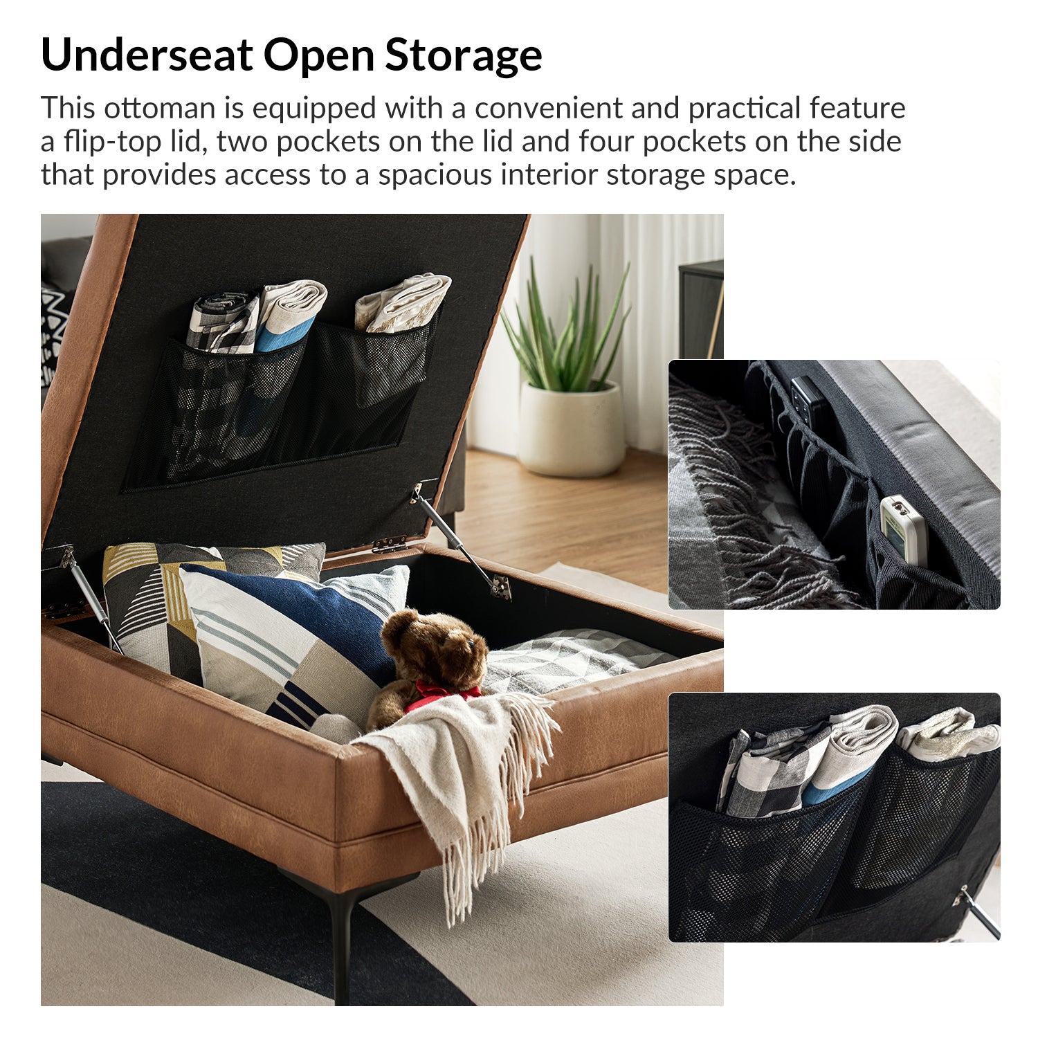 Irvin Lift Top Shelved Storage Cocktail Ottoman in Camel