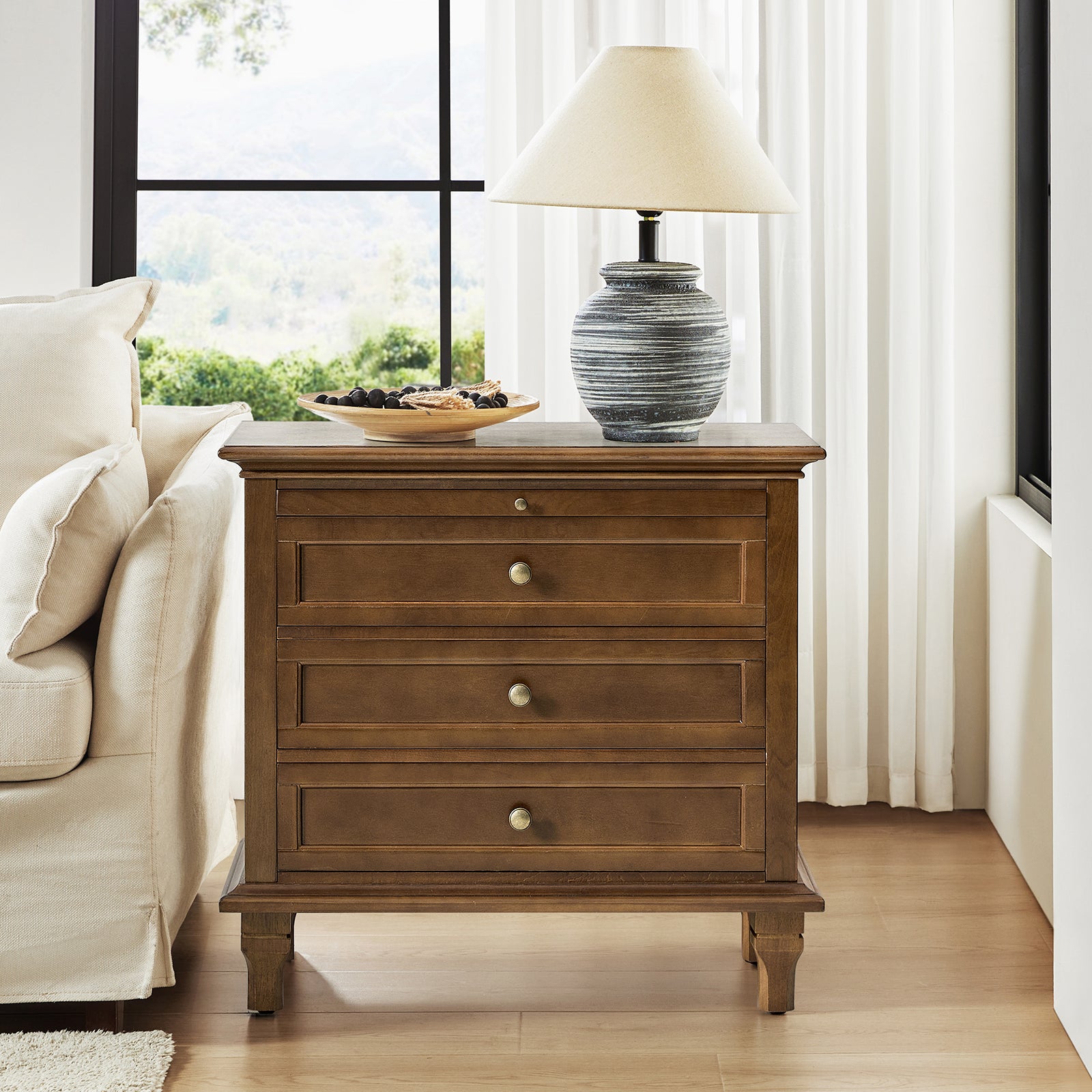 Dominic 3 - Drawer Nightstand with Built-In Outlets-WALNUT in Walnut