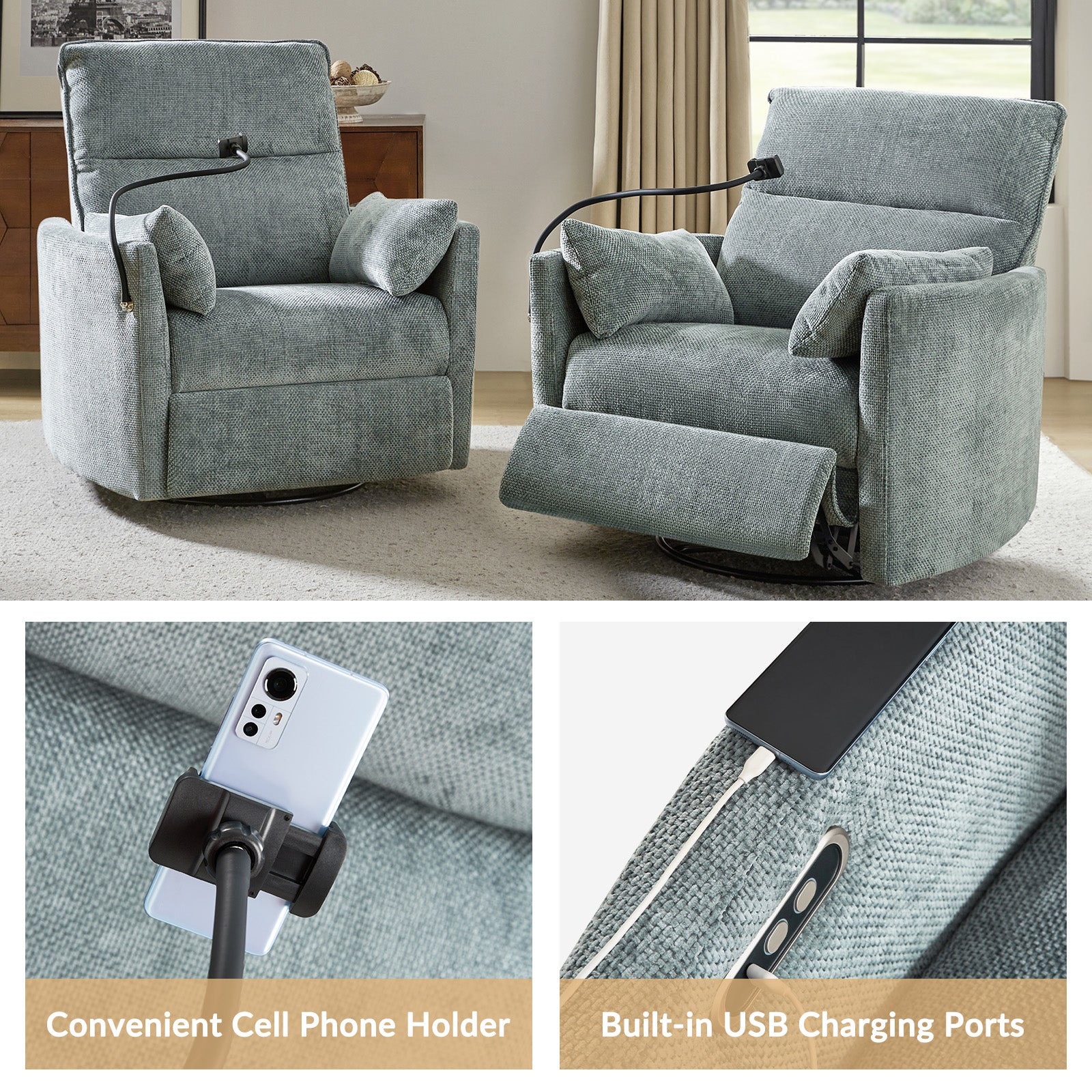Archibald Power Rocking Swivel Nursery Recliner in Grey