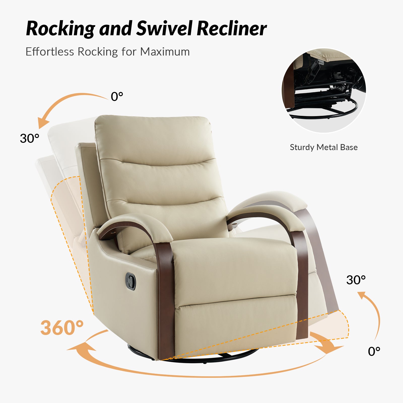 Konradin Genuine Leather Swivel Rocking Manual Recliner in Beige