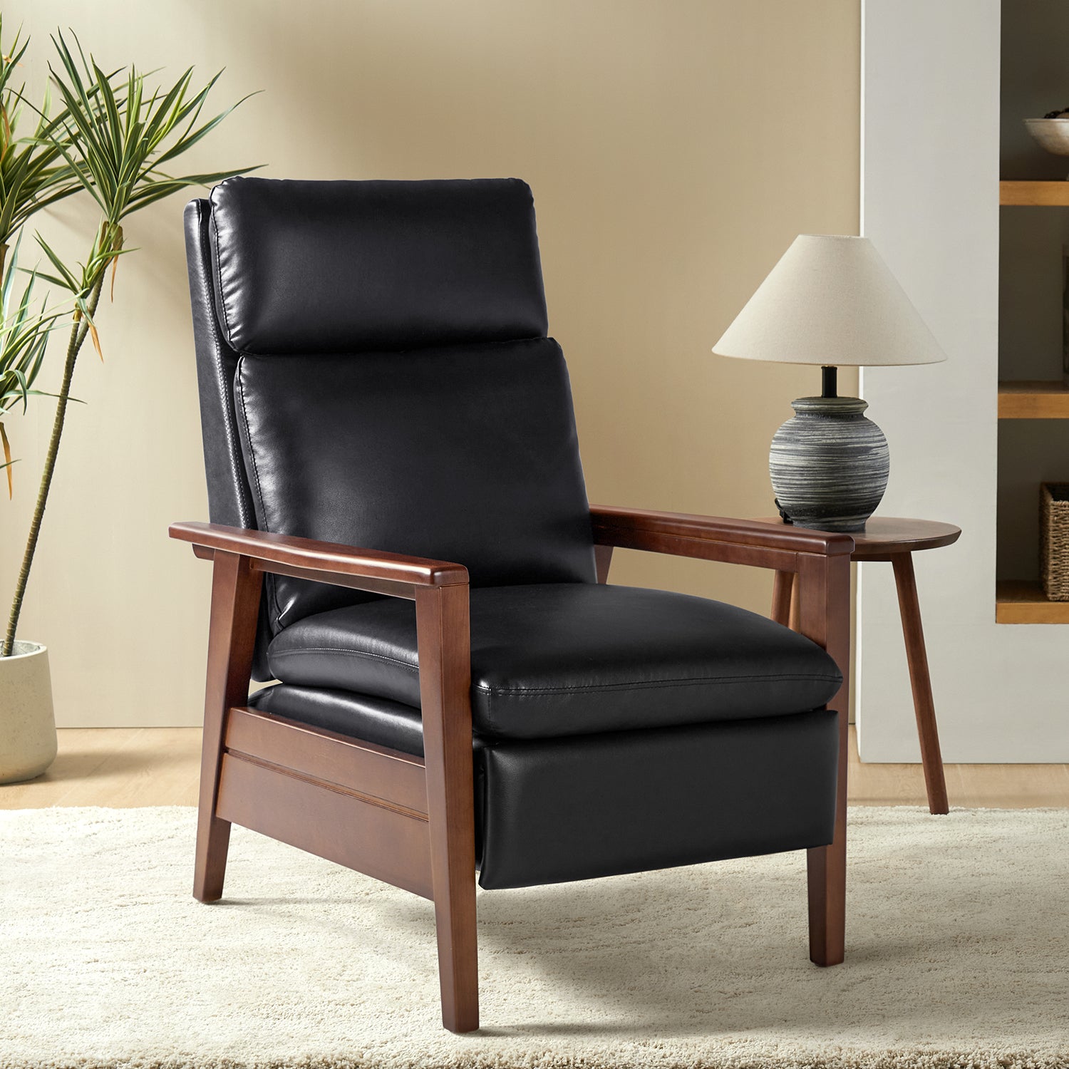 Patrick Vegan Leather Solid Wood Recliner in Black
