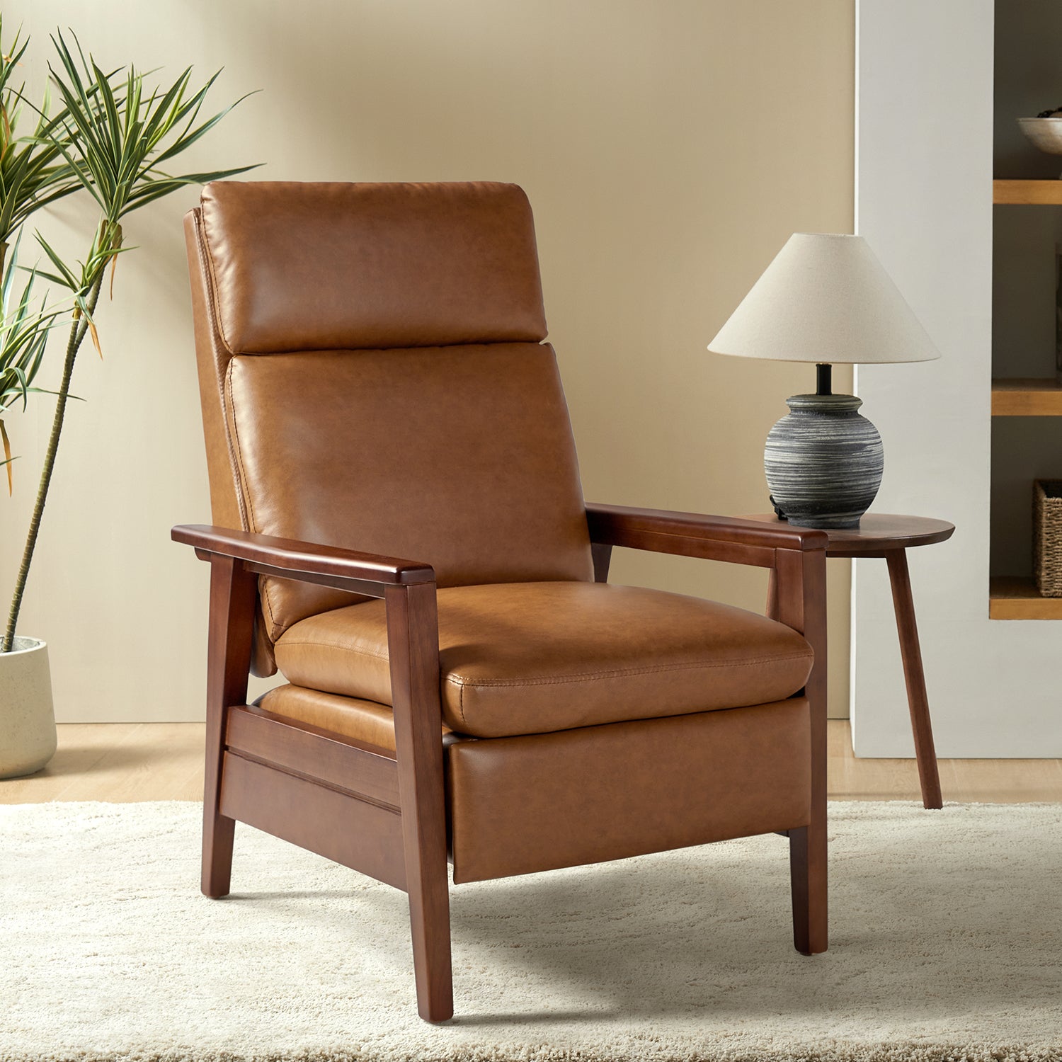 Patrick Vegan Leather Solid Wood Recliner in Camel