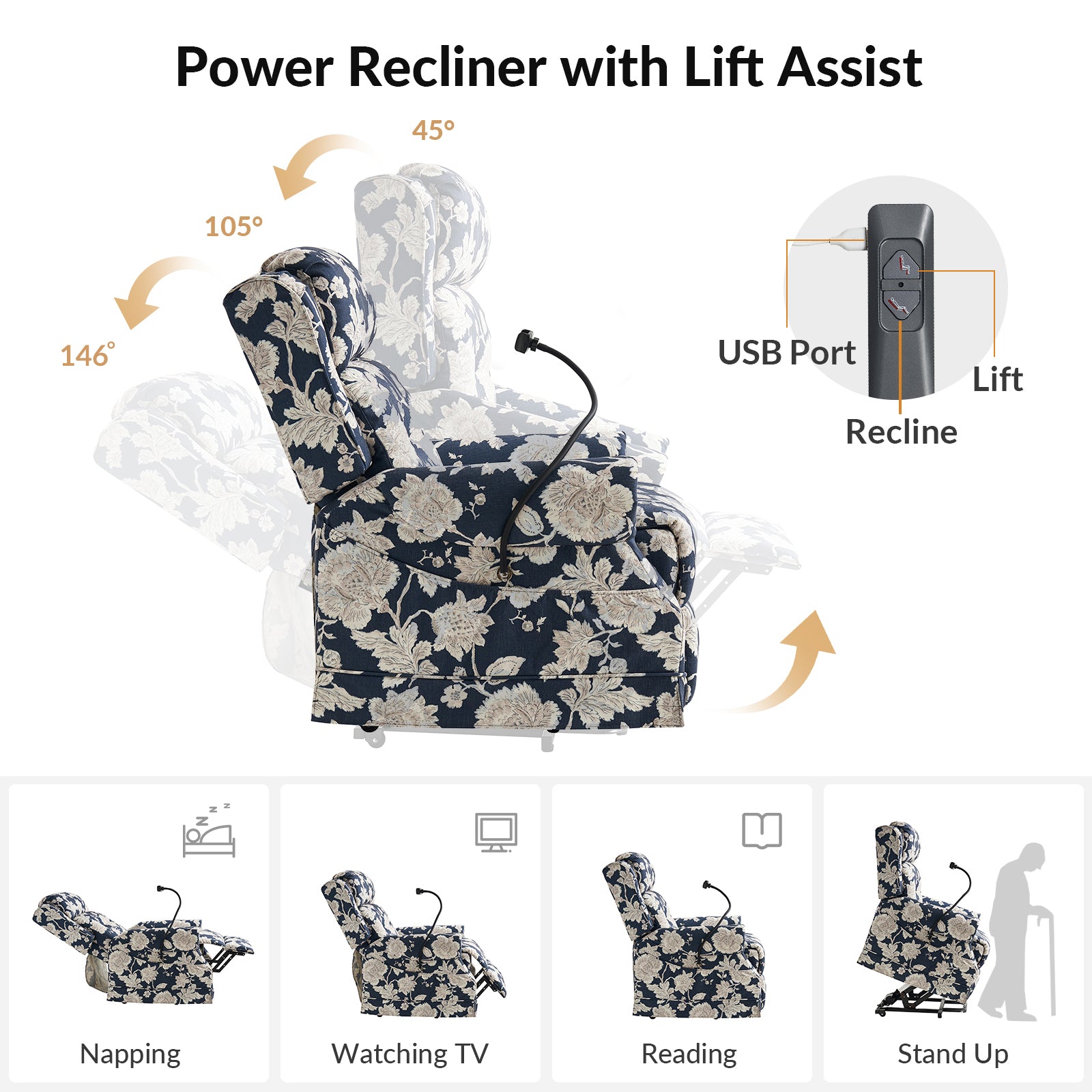 Billy Lift Assist Power Recliner in Navy