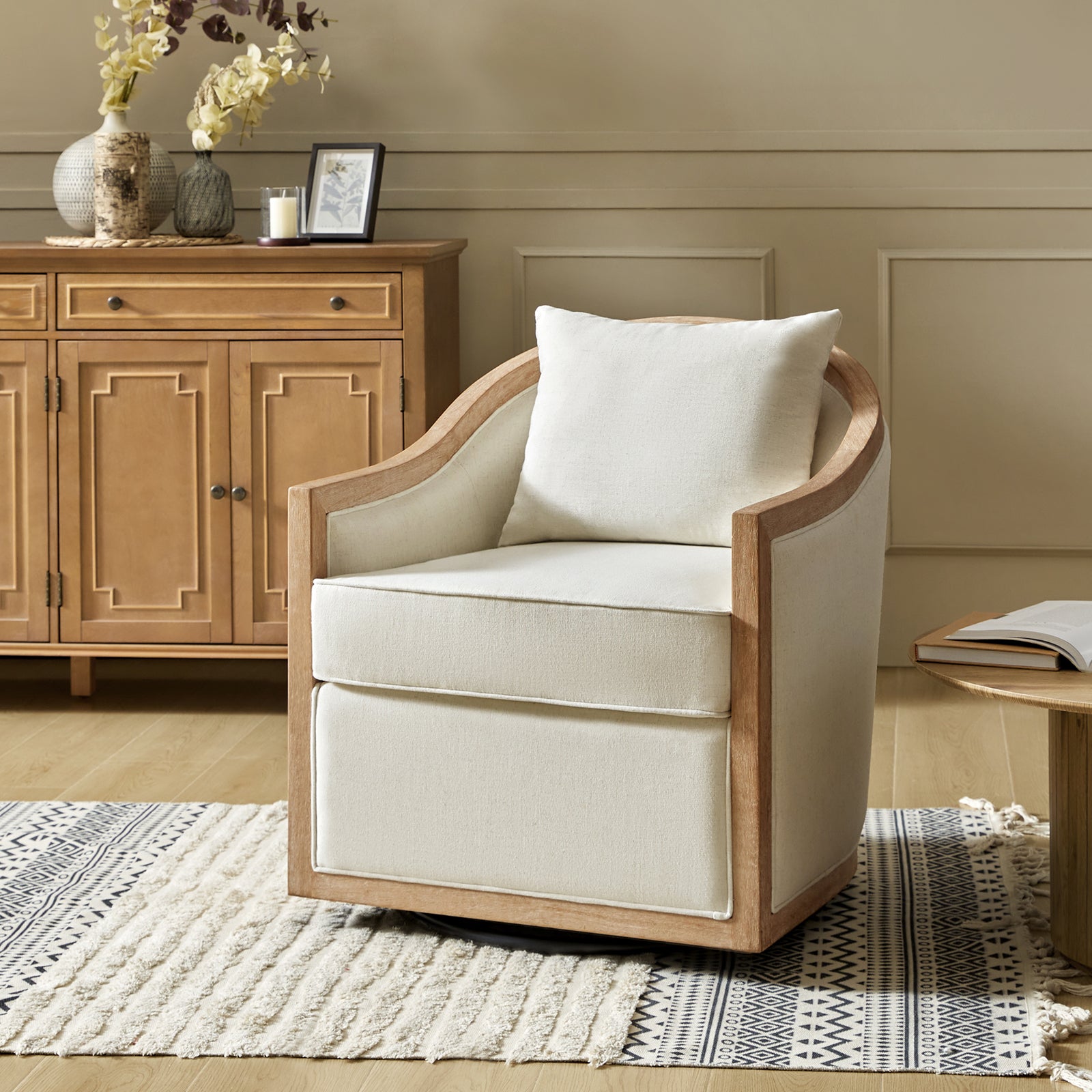 Paul Jess Farmhouse Solid Wood Swivel Chair in Ivory