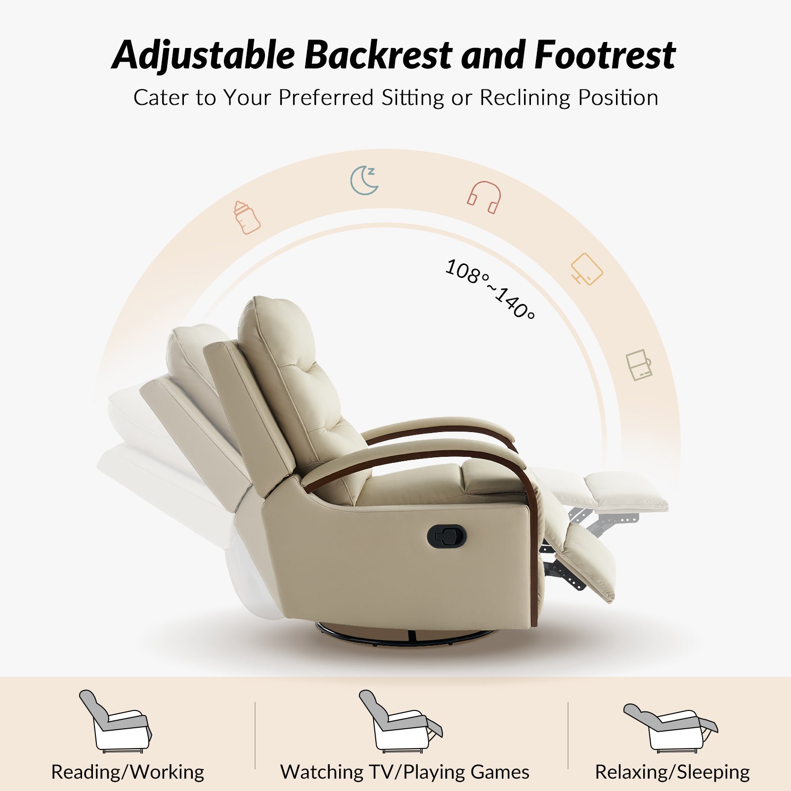Konradin Genuine Leather Swivel Rocking Manual Recliner in Beige