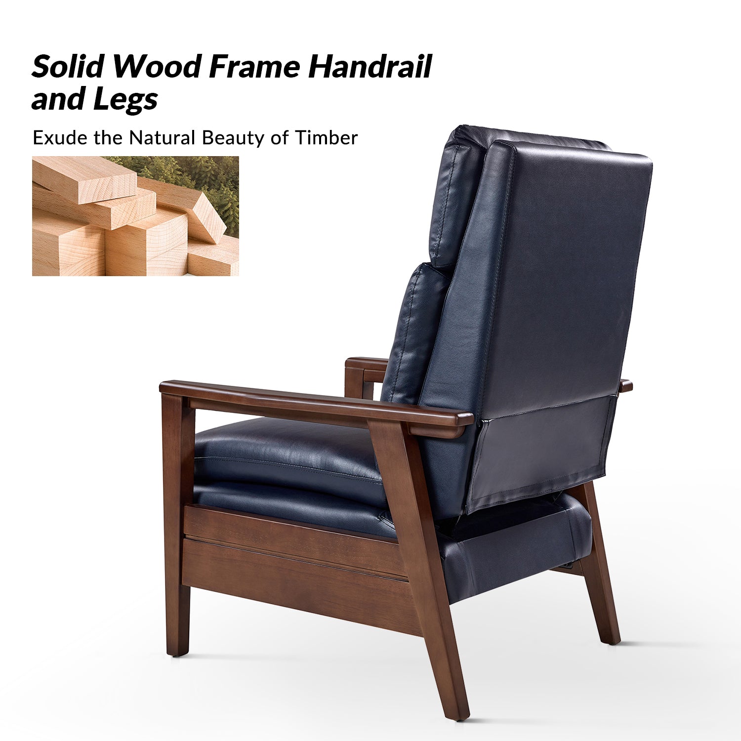 Patrick Vegan Leather Solid Wood Recliner in Navy