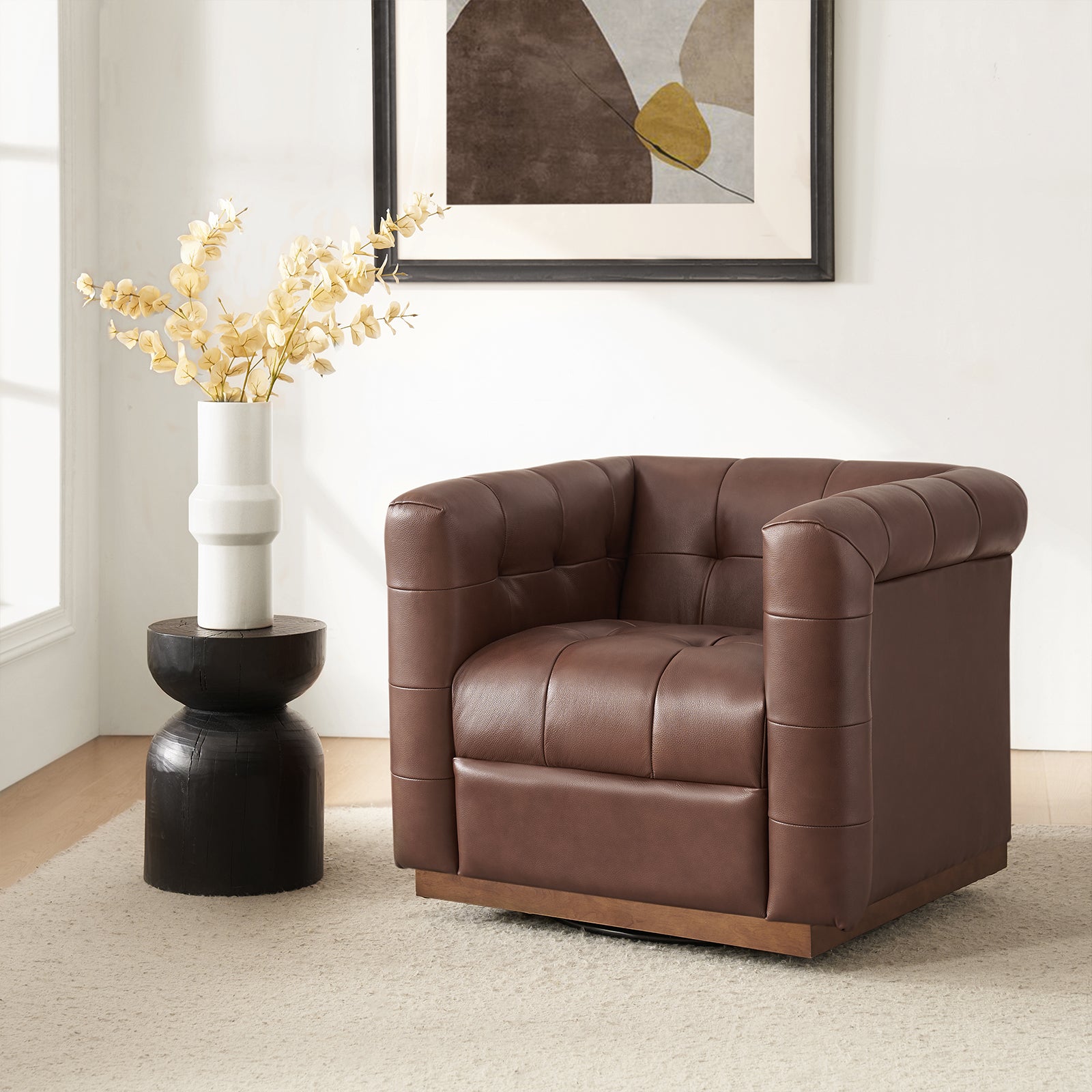 Arnold Genuine Leather Swivel Club Chair in Brown
