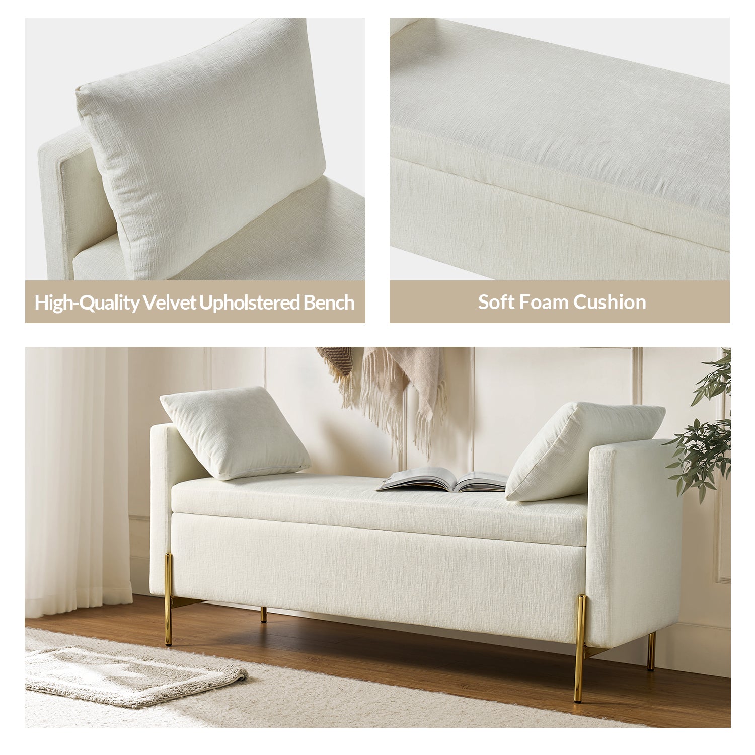 Arrigo Upholstered Flip Top Storage Bench in Ivory