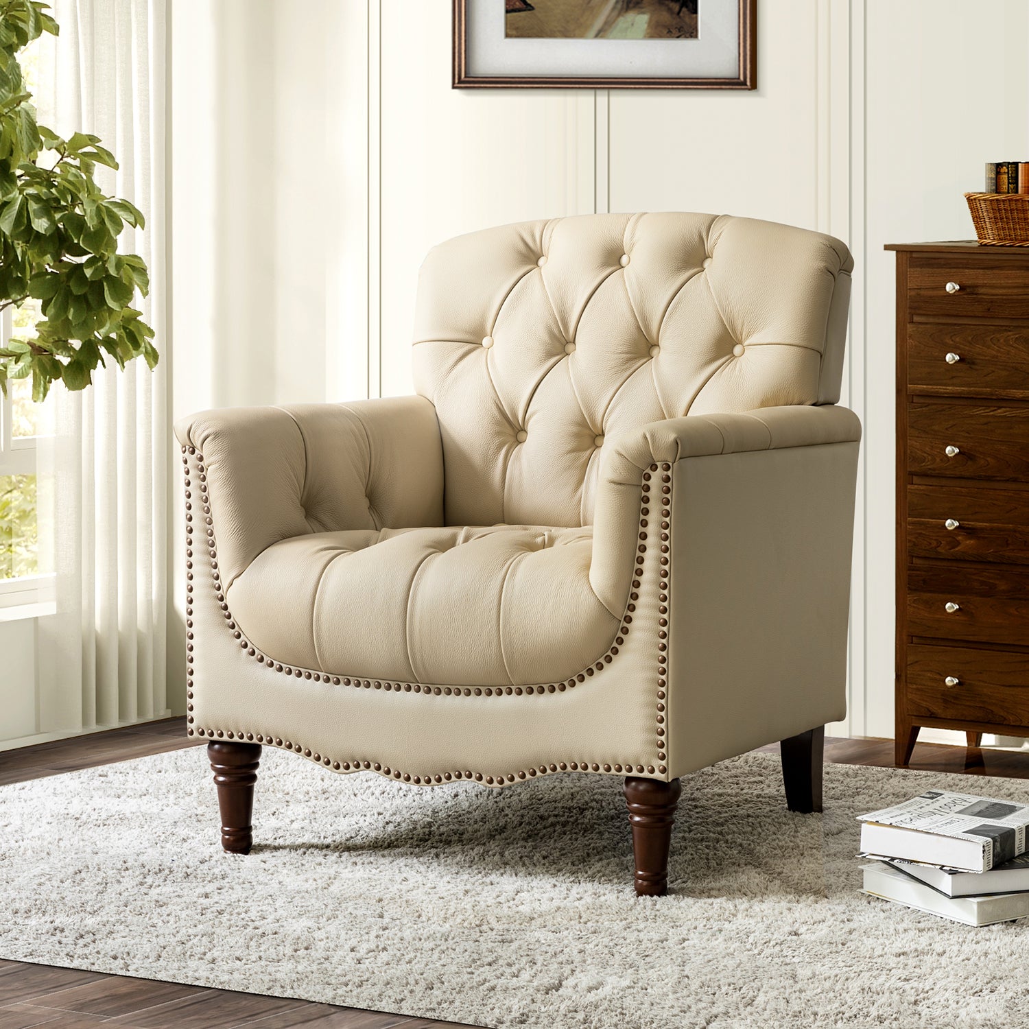 Elijah Genuine Leather Armchair in Beige