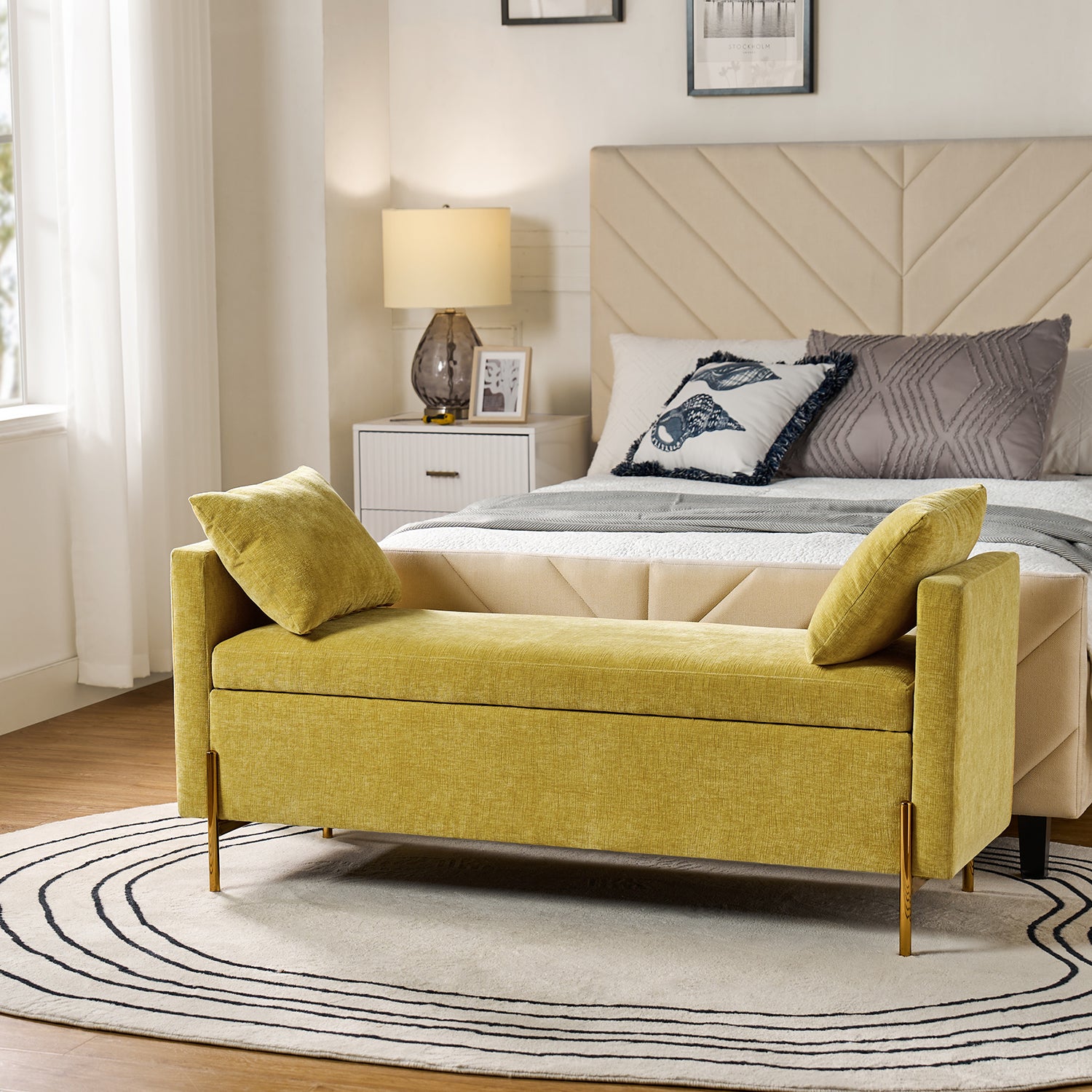 Arrigo Upholstered Flip Top Storage Bench in Mustard
