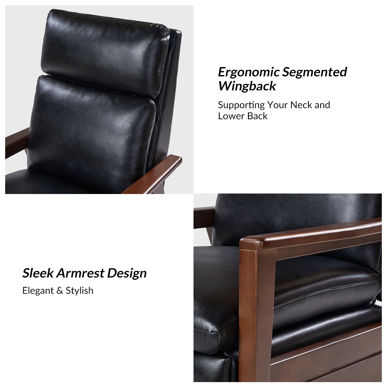 Patrick Vegan Leather Solid Wood Recliner in Black