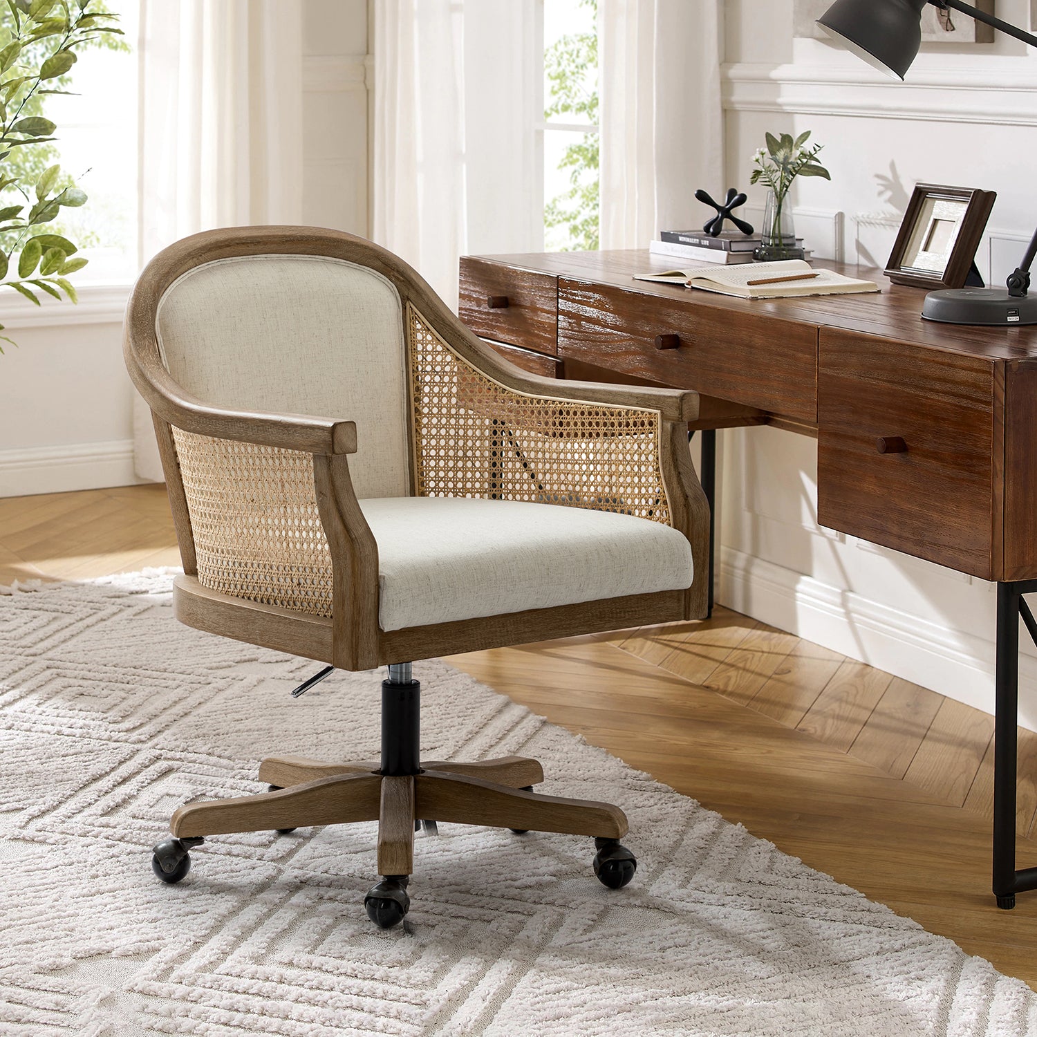 Xaver Task Chair with Rattan Arms in Ivory