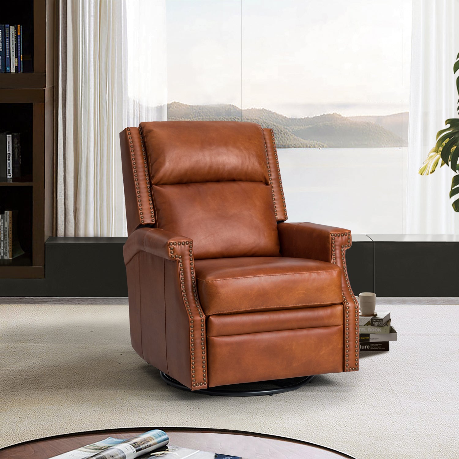 Louise Genuine Leather Swivel Rocker Recliner in Saddle