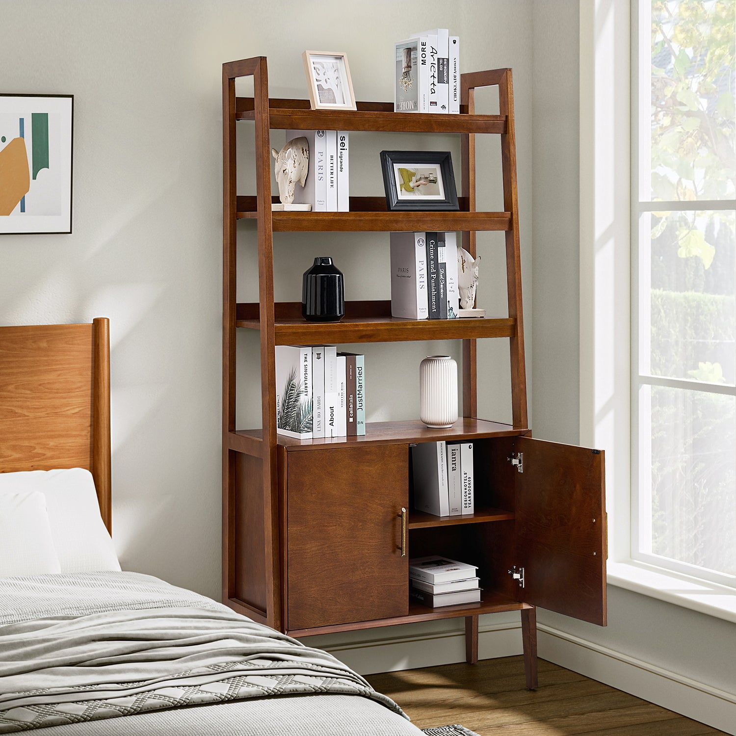 Andrs Solid Wood Ladder Bookcase in Walnut