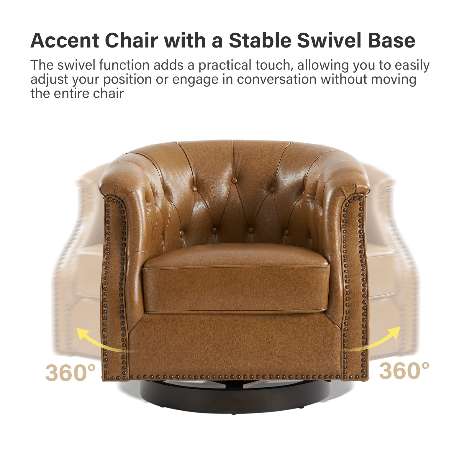 Veitin Chesterfield Rocker and Swivel Genuine Leather Chair in Camel