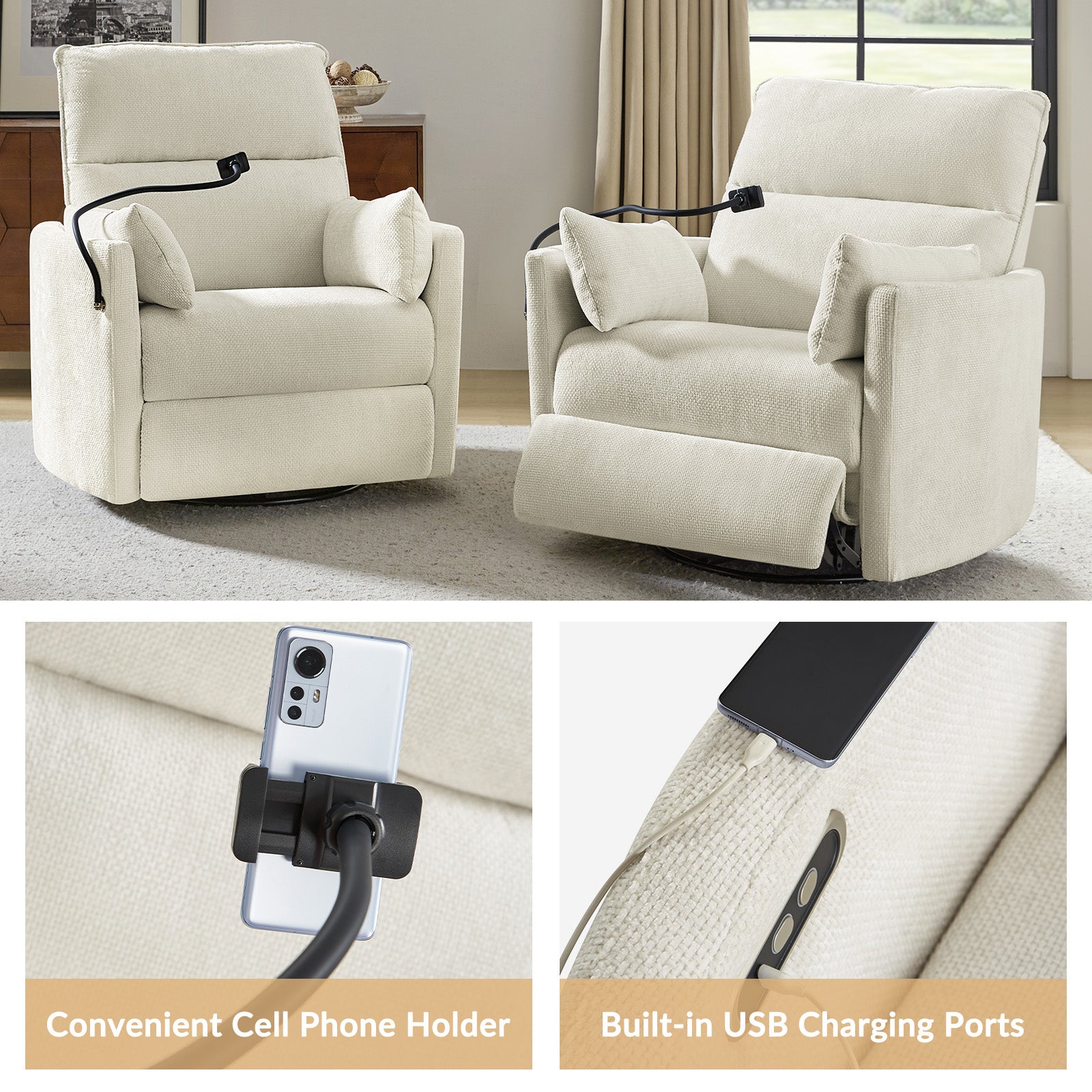 Archibald Power Rocking Swivel Nursery Recliner in Ivory