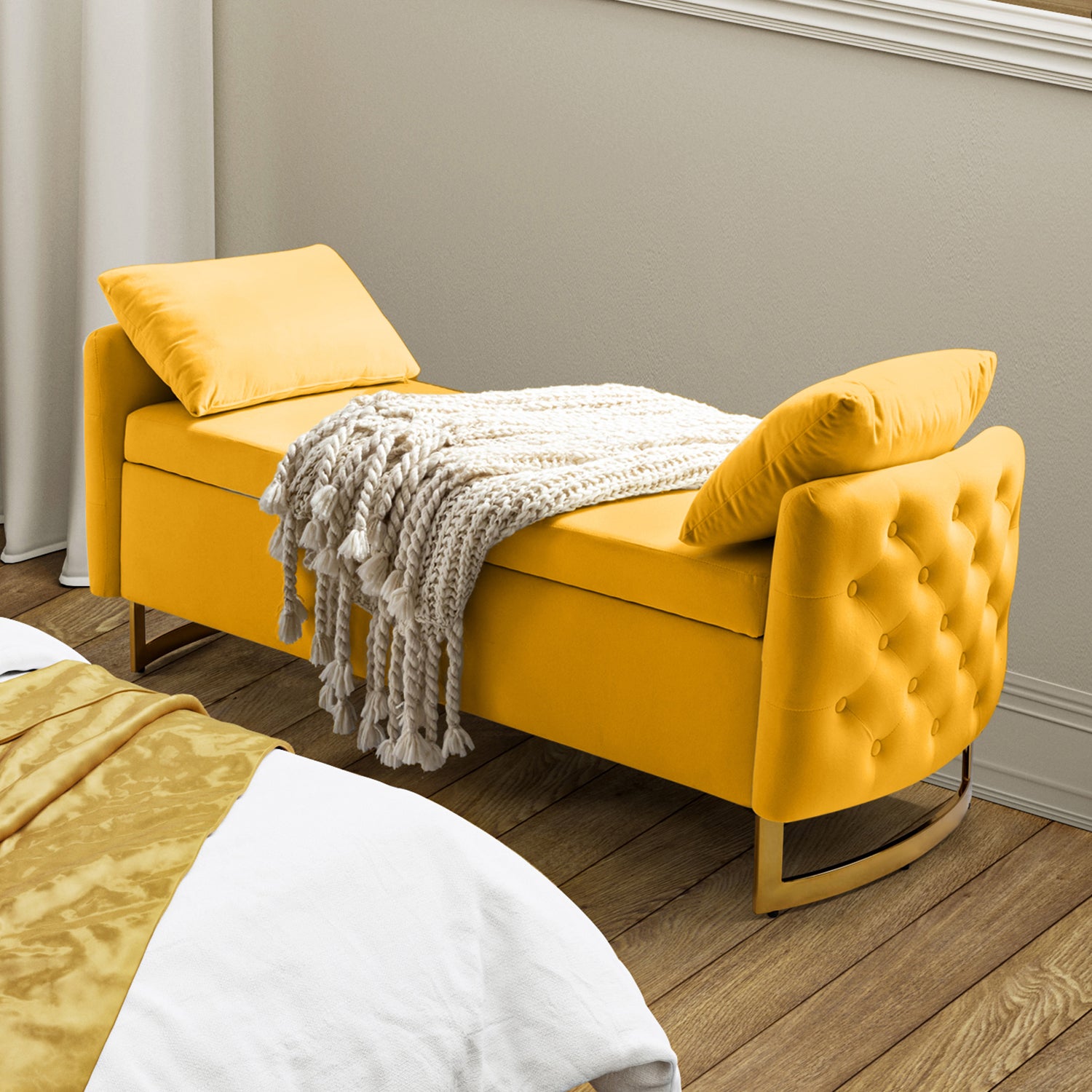 Christoph Upholstered Flip Top Storage Bench in Mustard