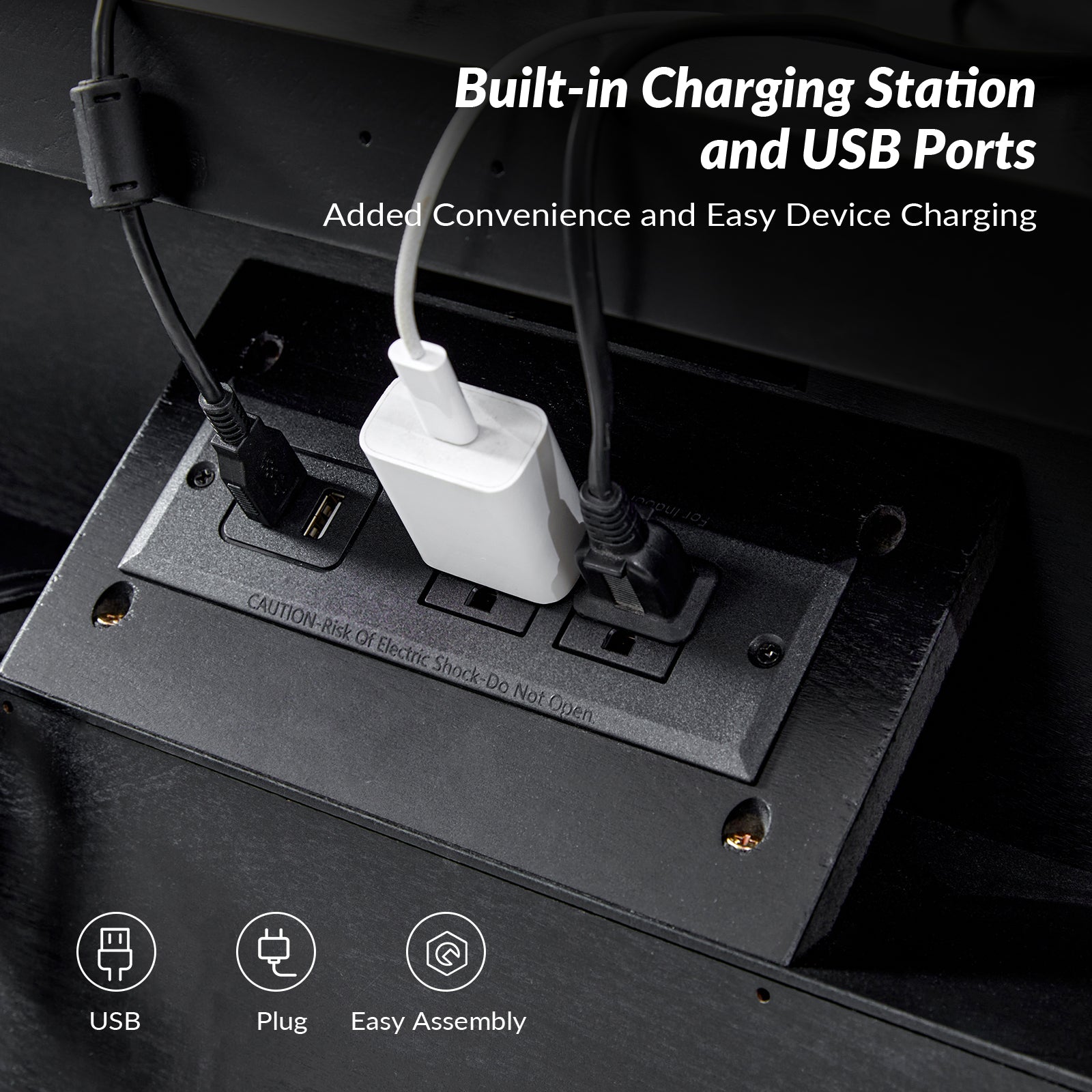 Dominic 3 - Drawer Nightstand with Built-In Outlets-BLACK in Black