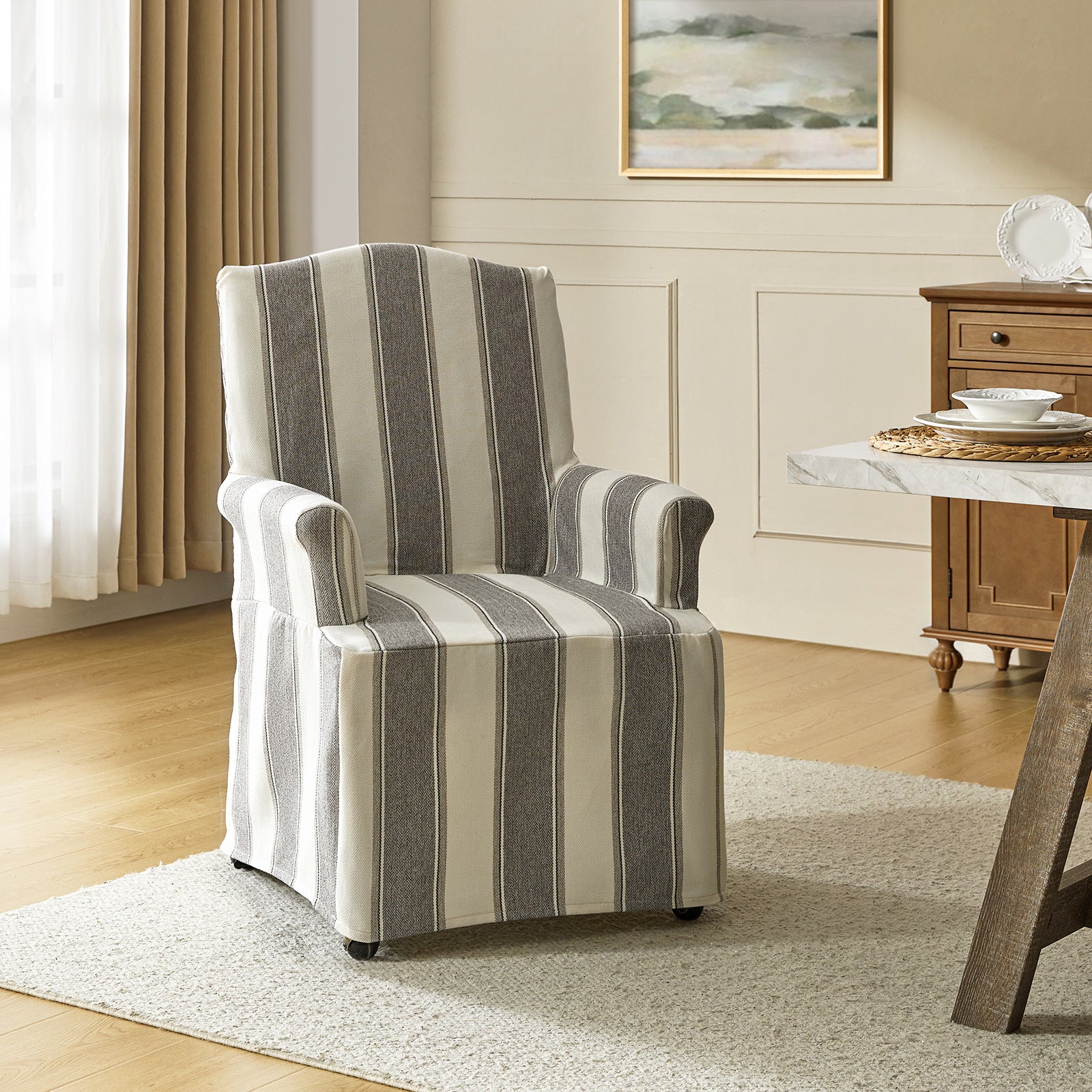 Kanrad Slipcover Dining Chair with Casters in Strip