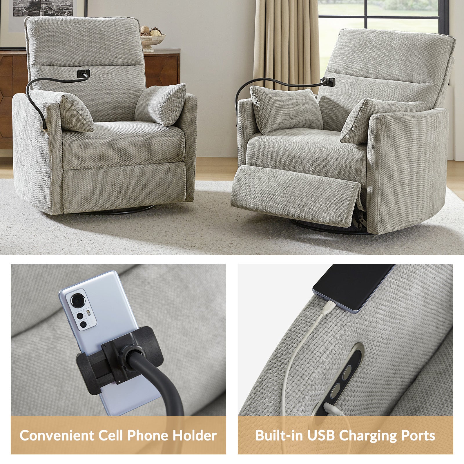 Archibald Power Rocking Swivel Nursery Recliner in Light Grey