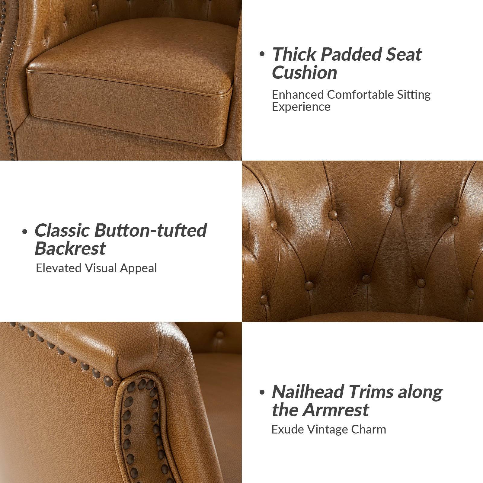 Veitin Chesterfield Rocker and Swivel Genuine Leather Chair in Camel