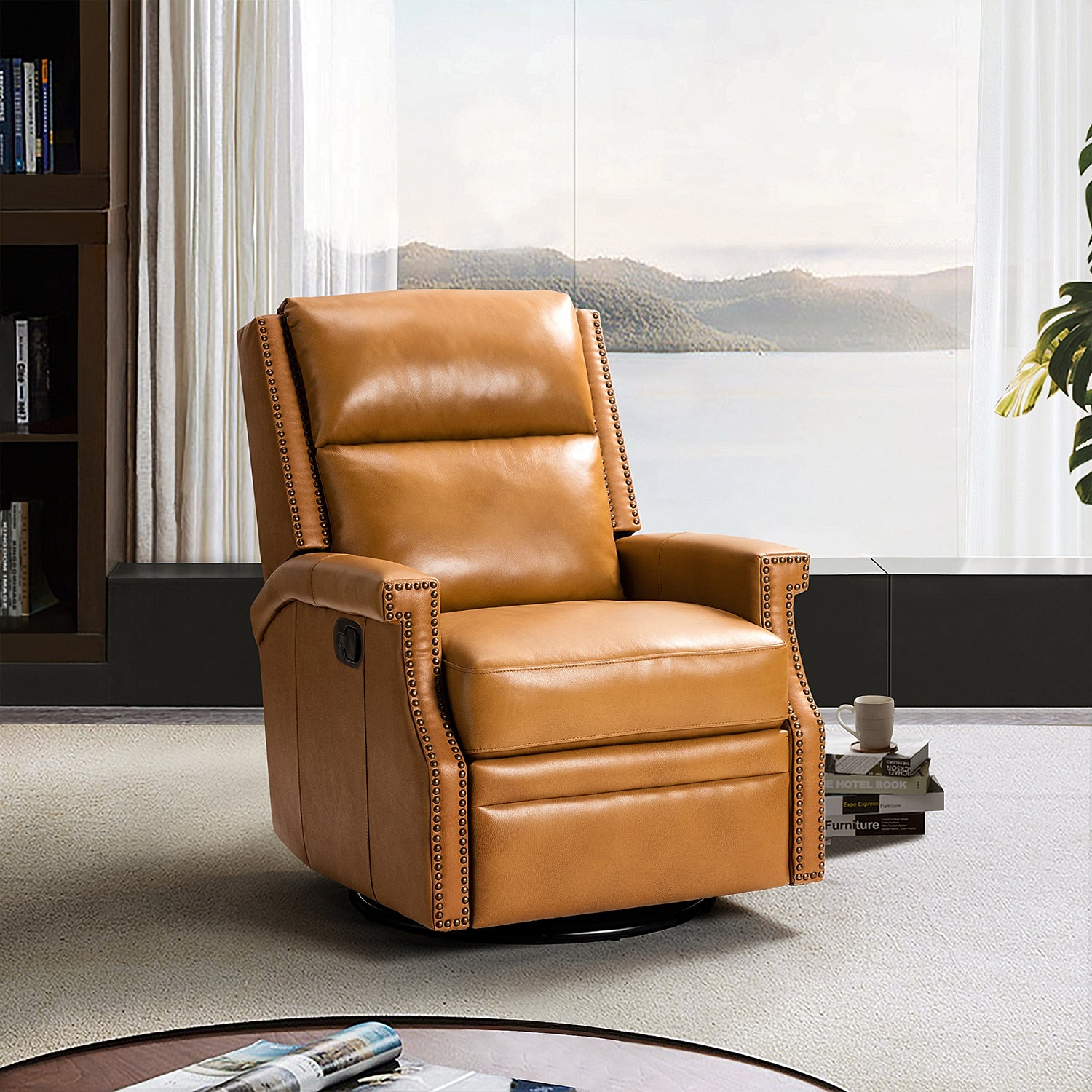Louise Genuine Leather Swivel Rocker Recliner in Camel
