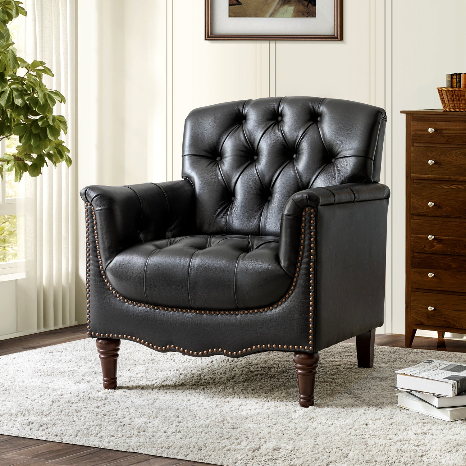 Elijah Genuine Leather Armchair in Black