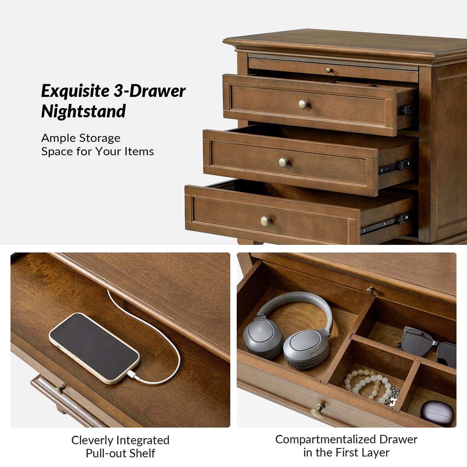 Dominic 3 - Drawer Nightstand with Built-In Outlets-WALNUT in Walnut