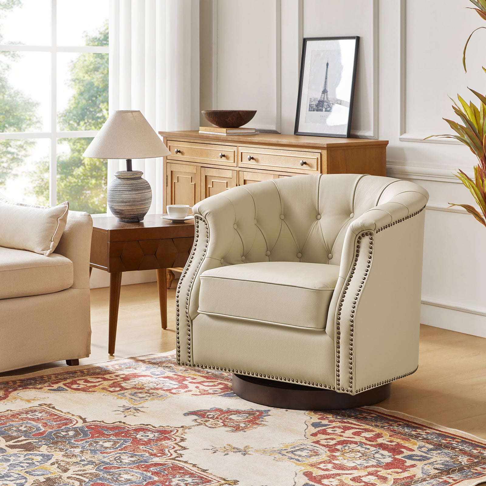 Veitin Chesterfield Rocker and Swivel Genuine Leather Chair in White