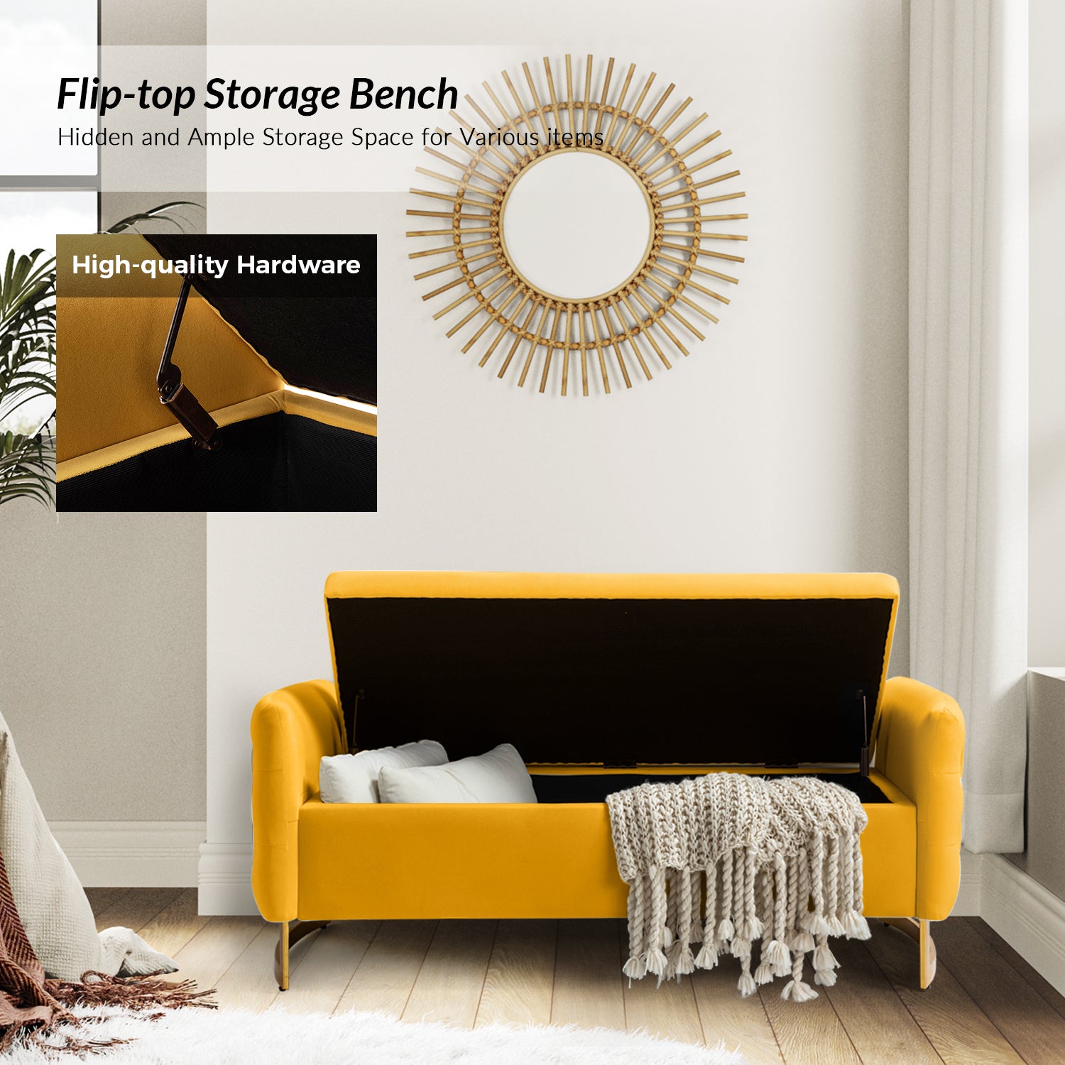 Christoph Upholstered Flip Top Storage Bench in Mustard