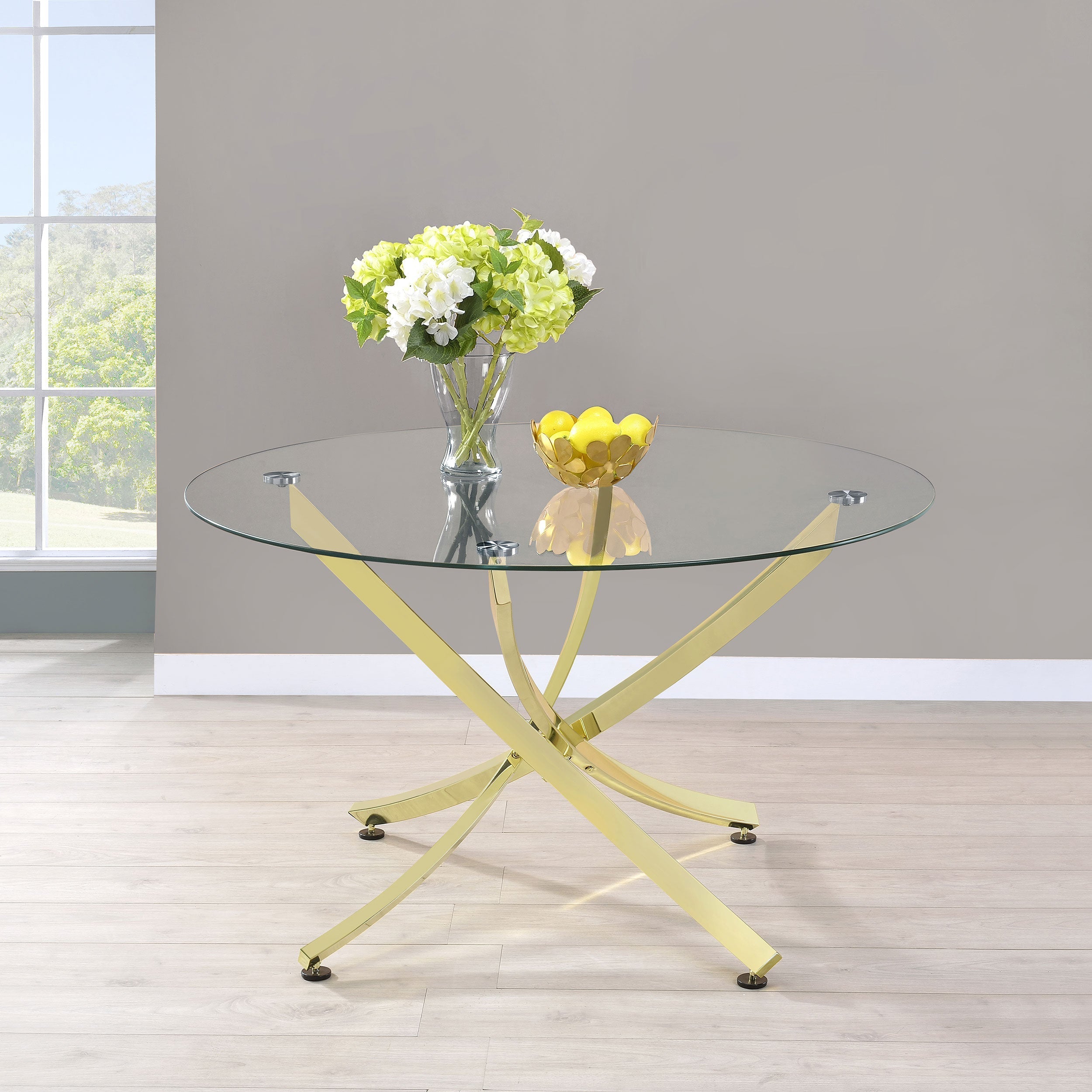 Beckham Round Dining Table Brass and Clear