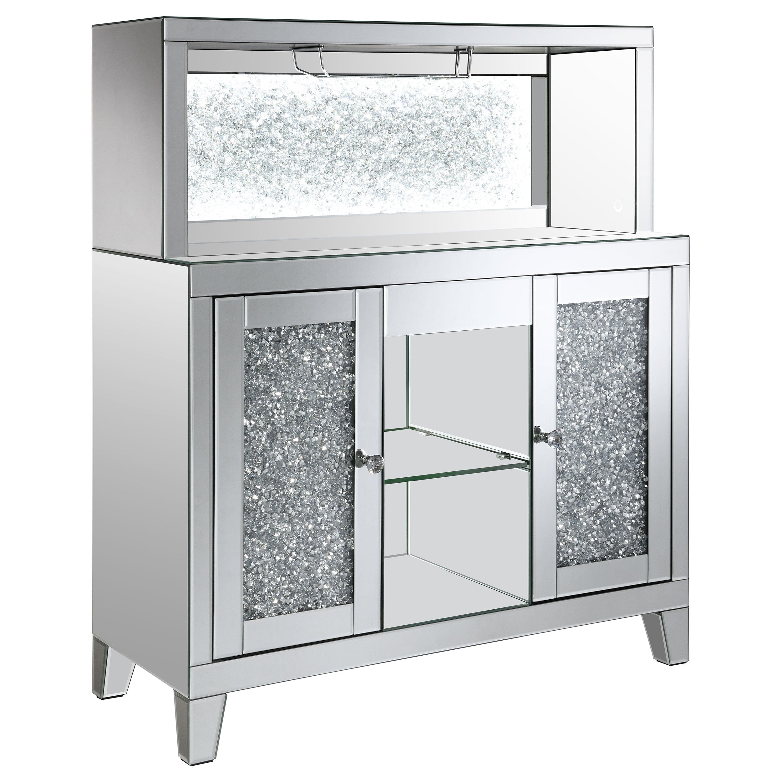 Yvaine 2-door Mirrored Wine Cabinet with Faux Crystal Inlay Silver