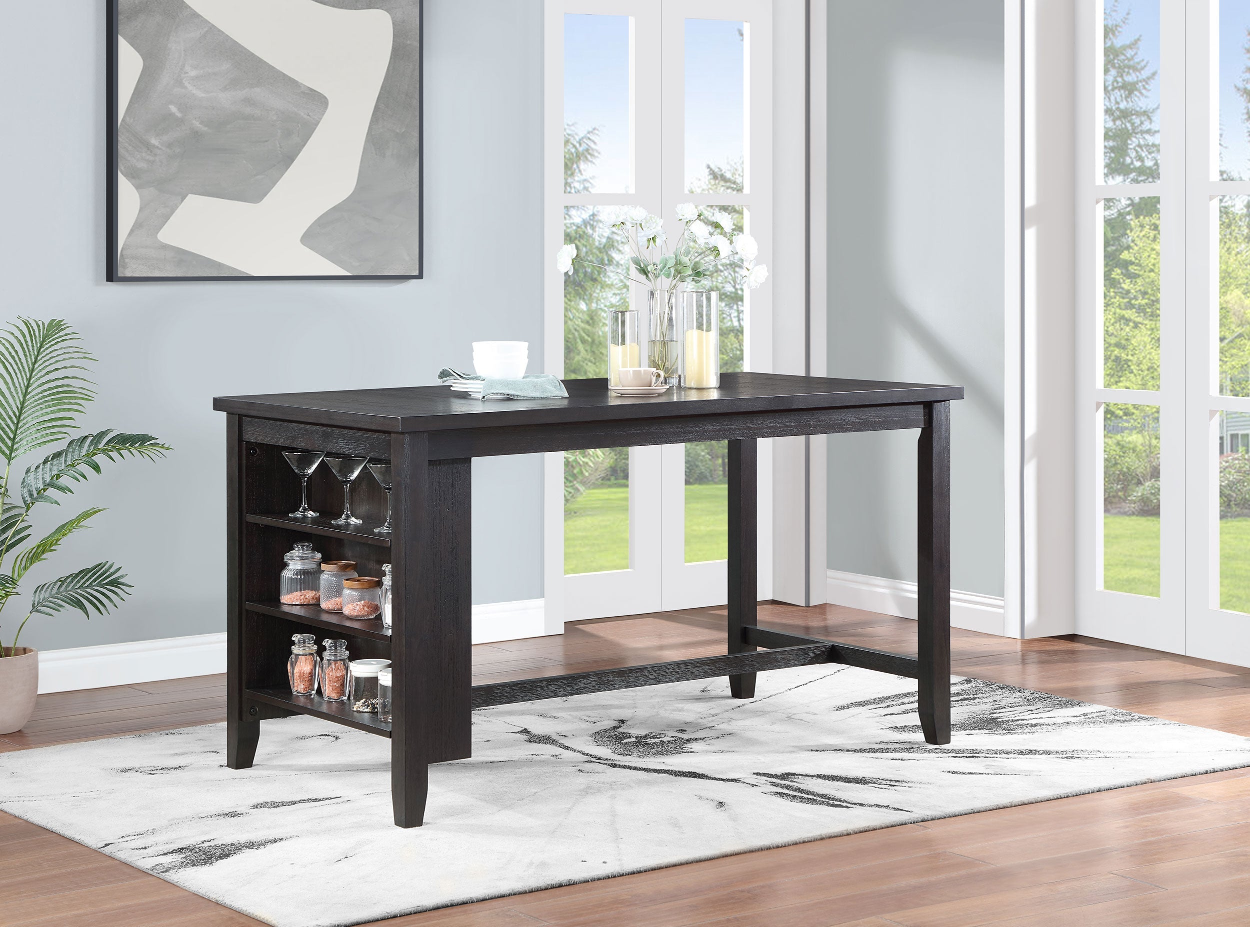 Elliston Rectangular Counter Height Dining Table with Storage Shelves Dark Grey