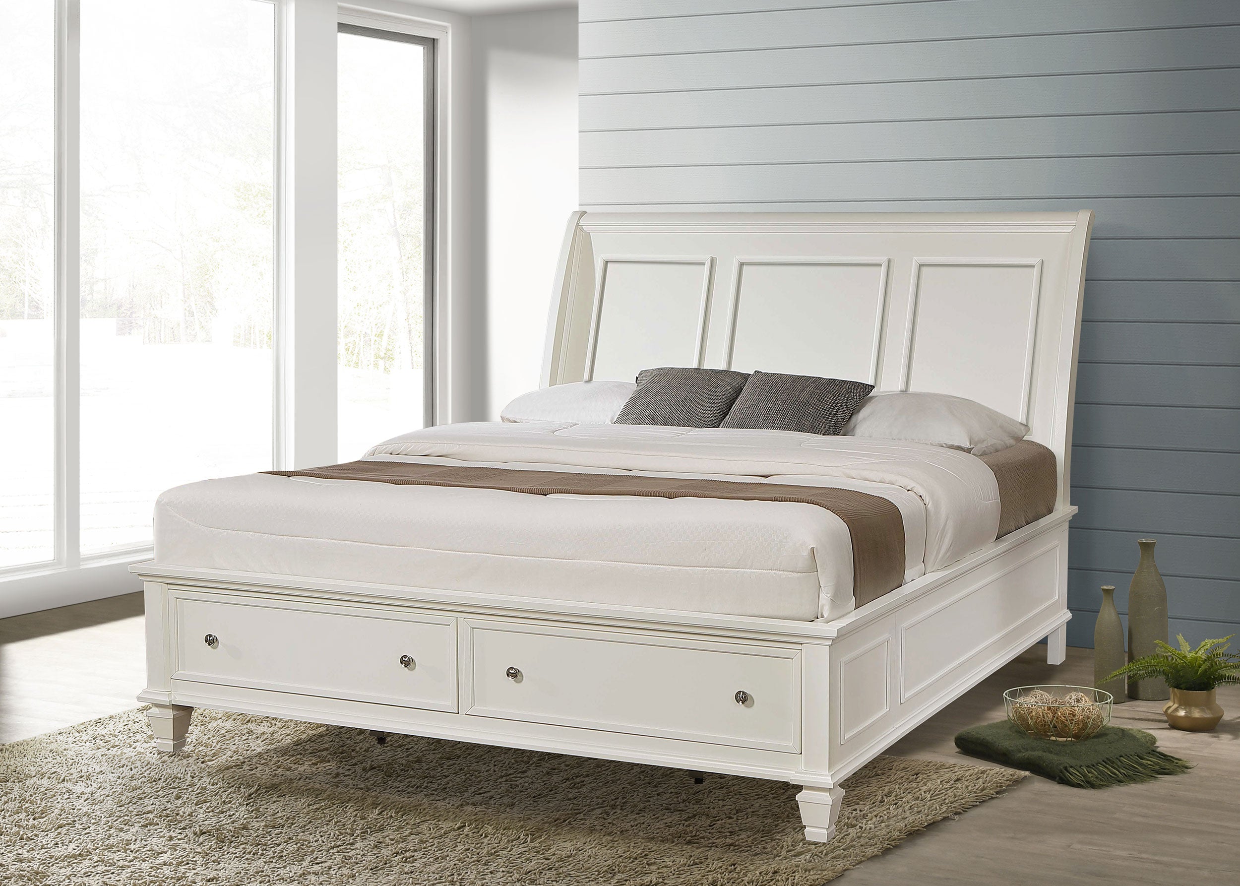 Sandy Beach Wood Queen Storage Panel Bed Cream White