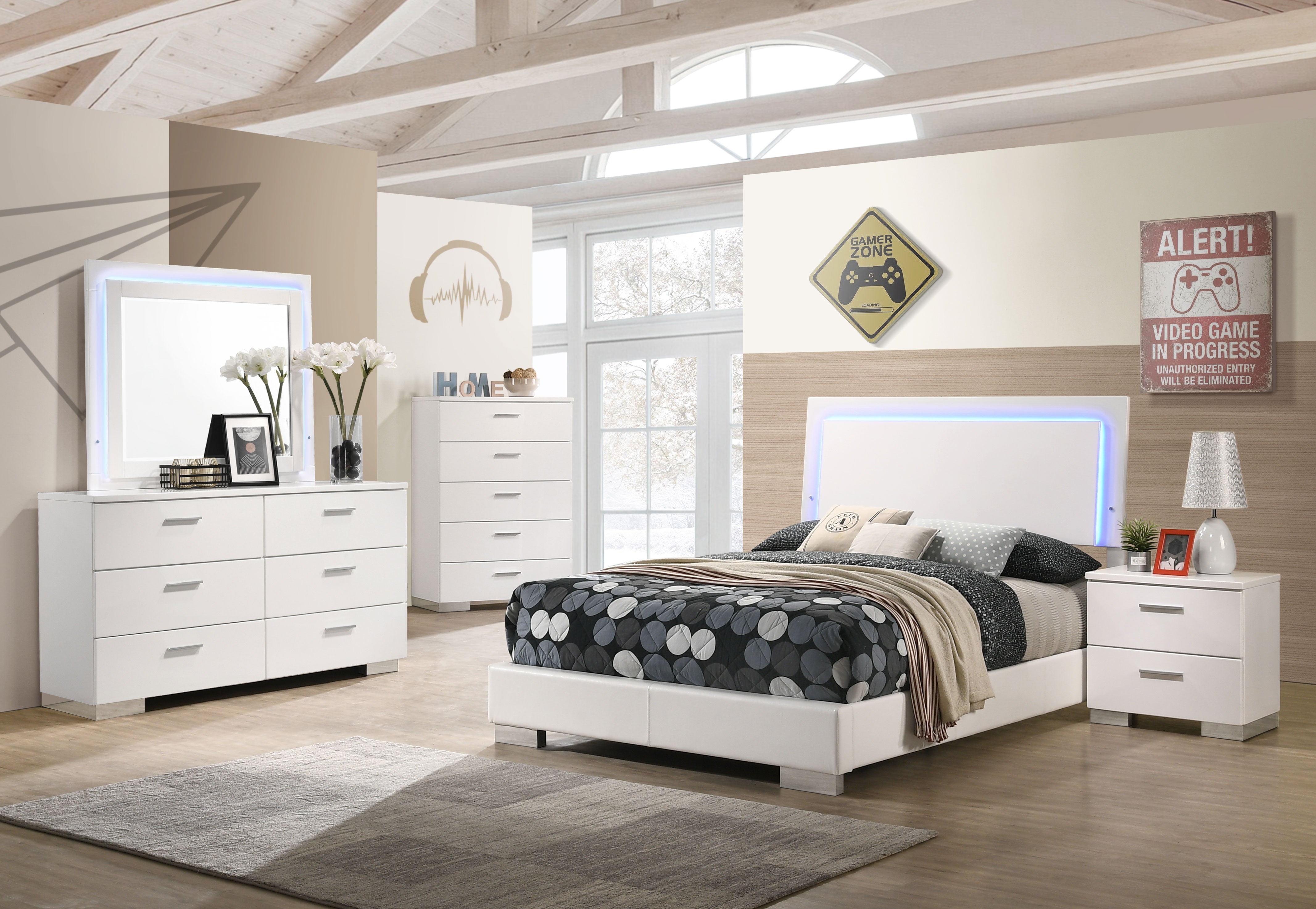 Felicity   Bedroom Set with LED Headboard and Mirror Glossy White