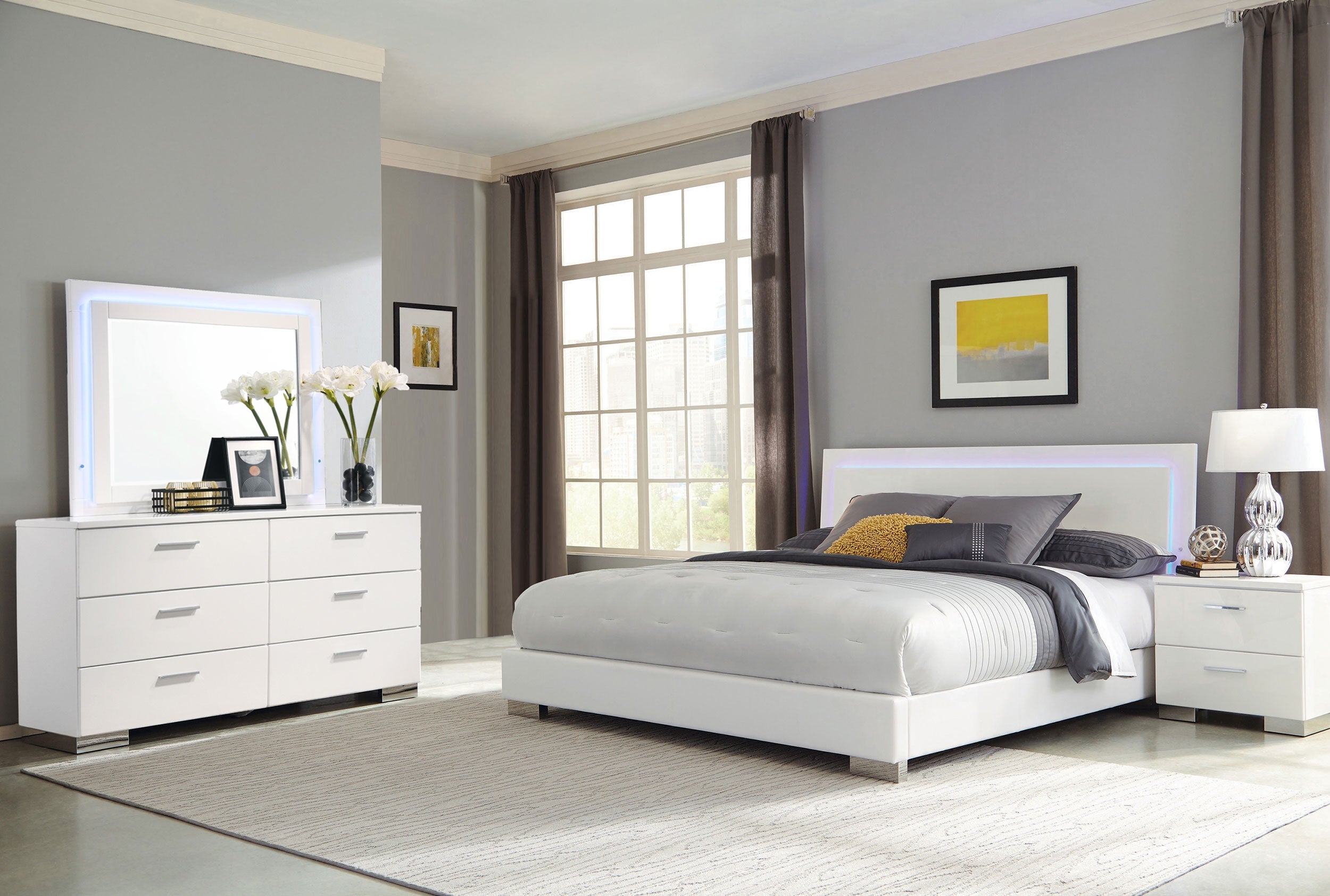 Felicity   Bedroom Set with LED Headboard and Mirror Glossy White