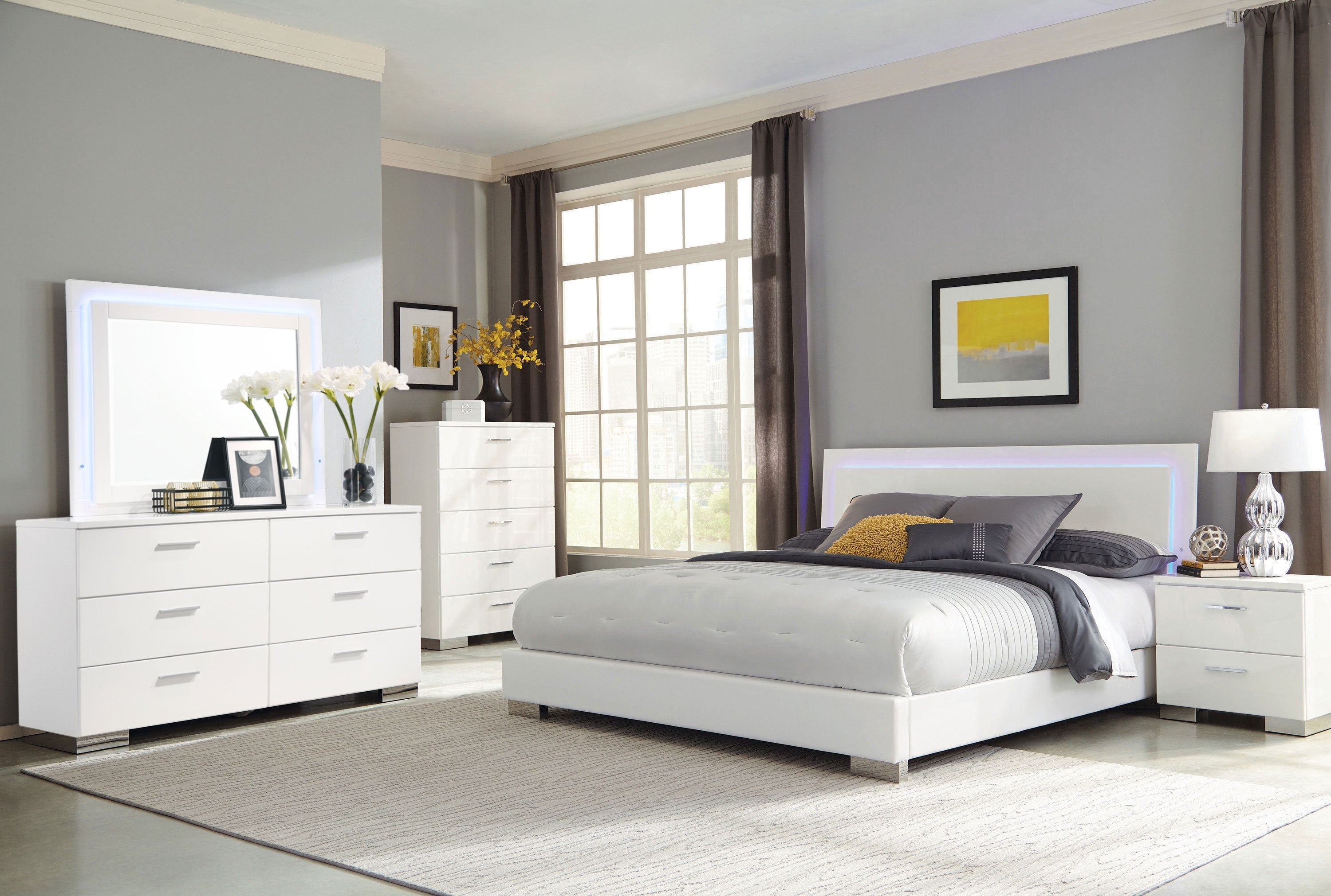 Felicity   Bedroom Set with LED Headboard and Mirror Glossy White