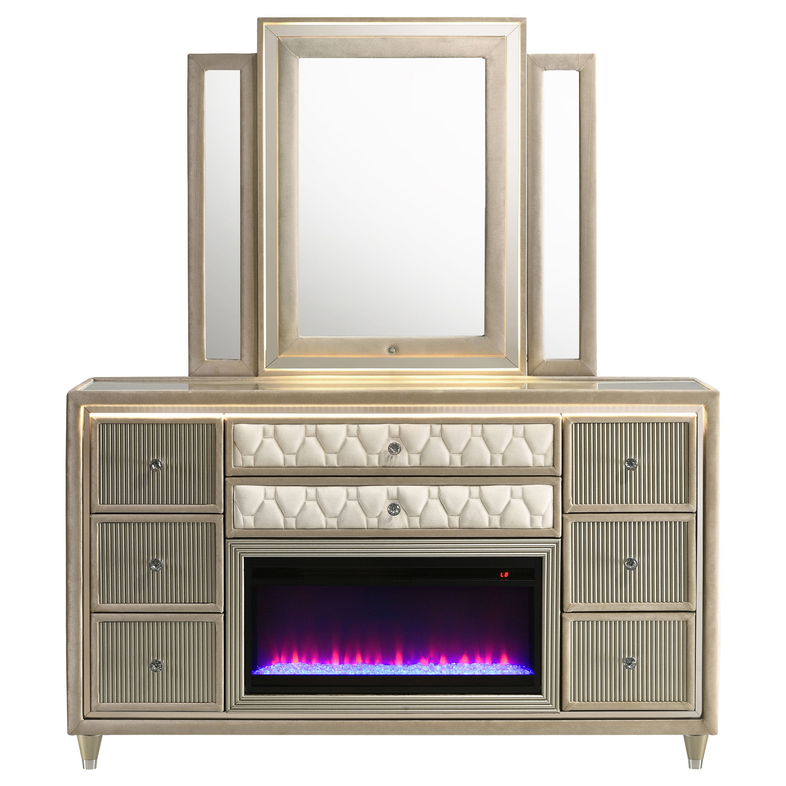 Lorient 8-drawer LED Flame Box Dresser and Mirror Ivory Camel