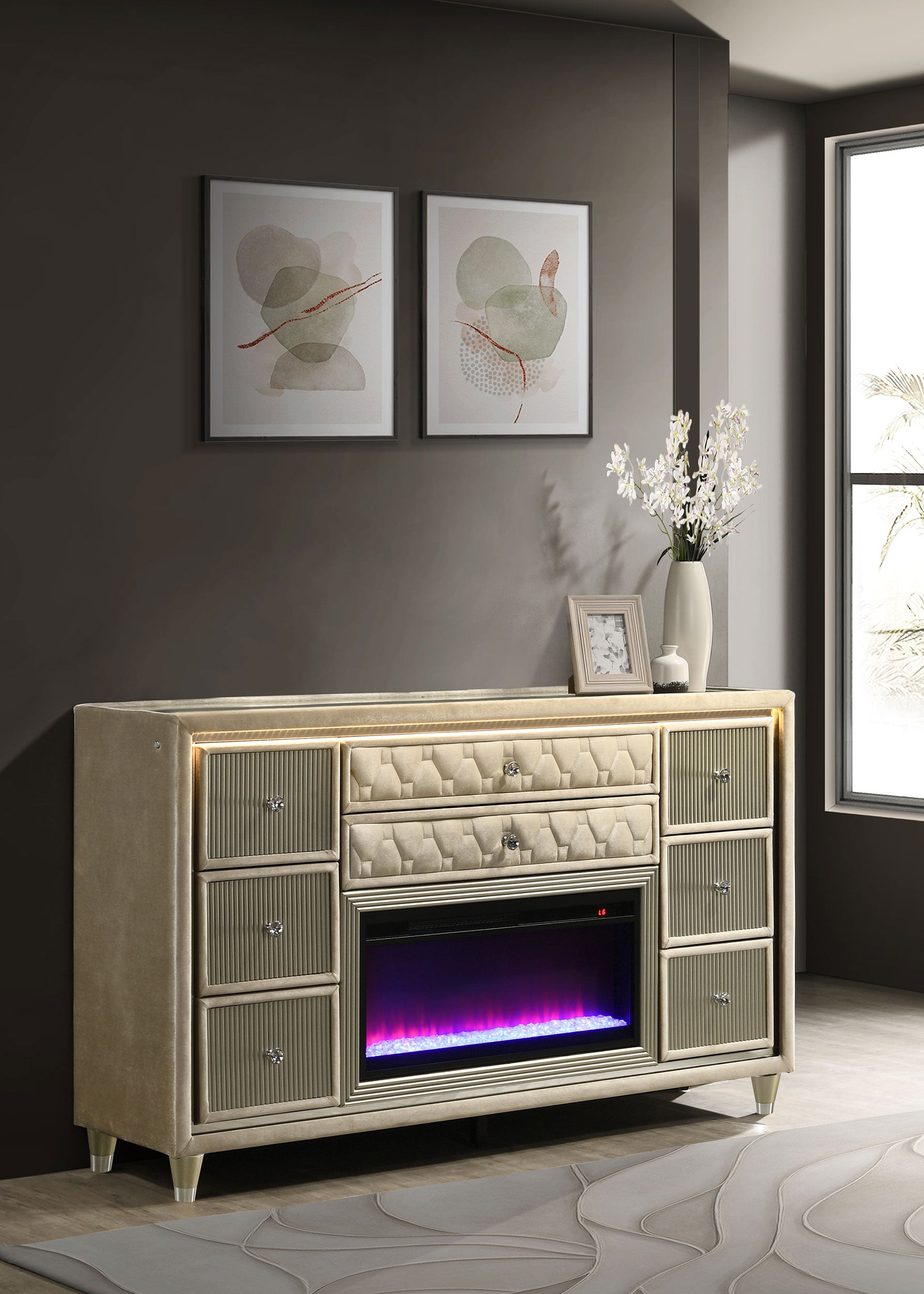 Lorient 8-drawer LED Bedroom Flame Box Dresser Ivory Camel